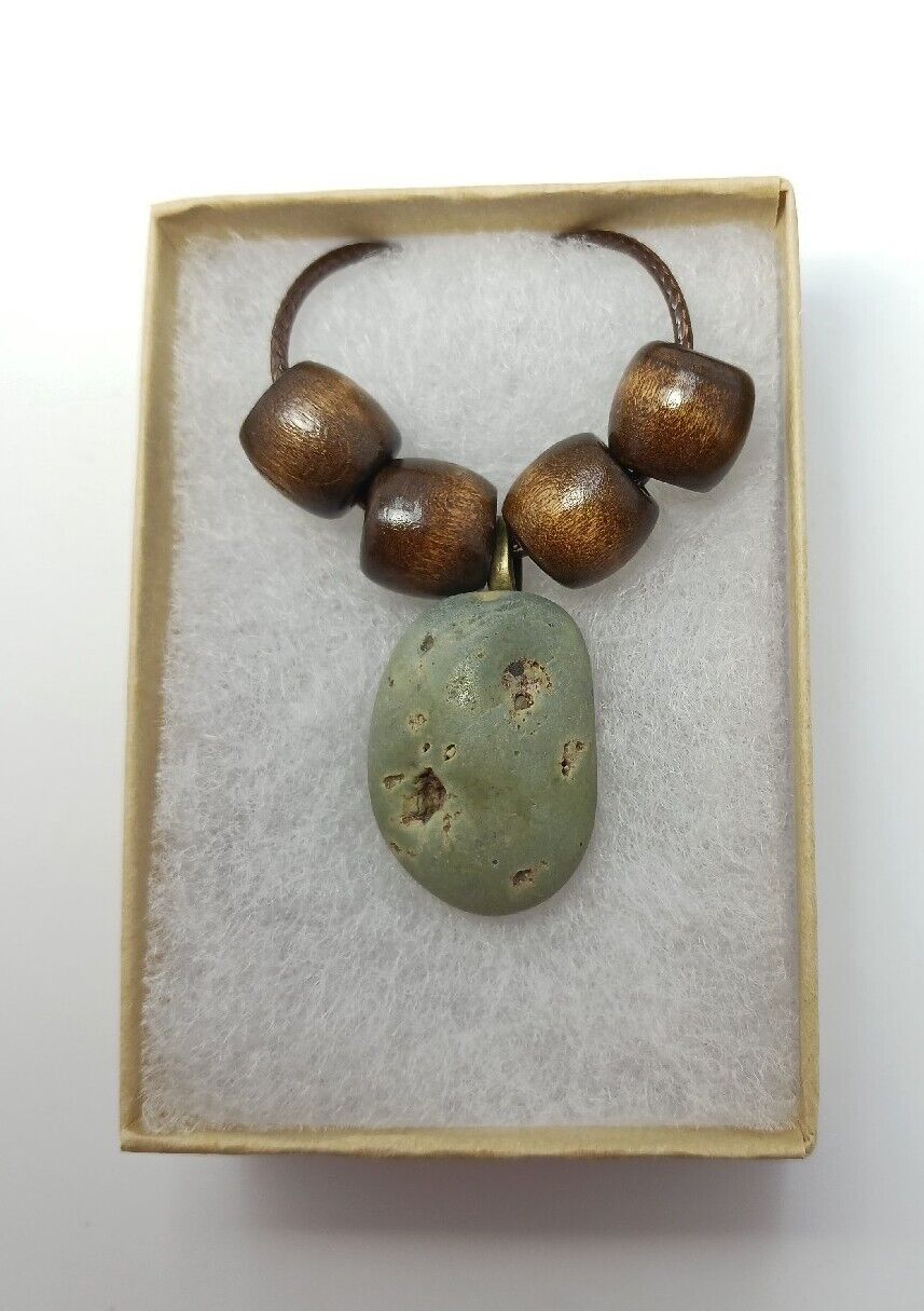 1800's Matte Green Slag Glass Unique Michigan Pendant Necklace Wood Accents 