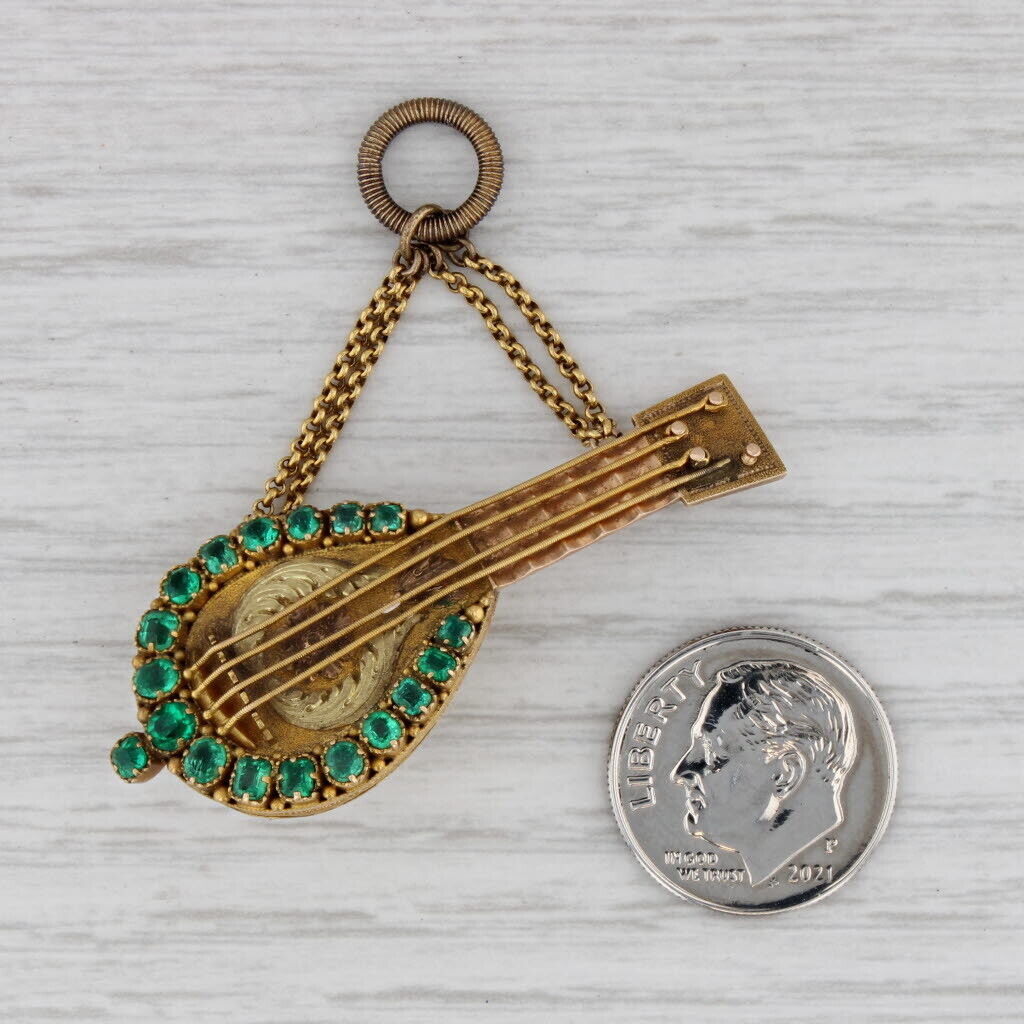 1800s Georgian Mandolin Charm Fob Pendant 18k 21k Gold 0.50ctw Emeralds Locket