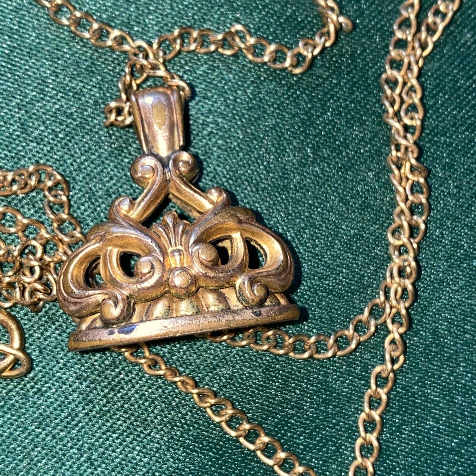 Crown Fob Pendant 1900s Edwardian Necklace Gold Tone Art Nouveau Antique