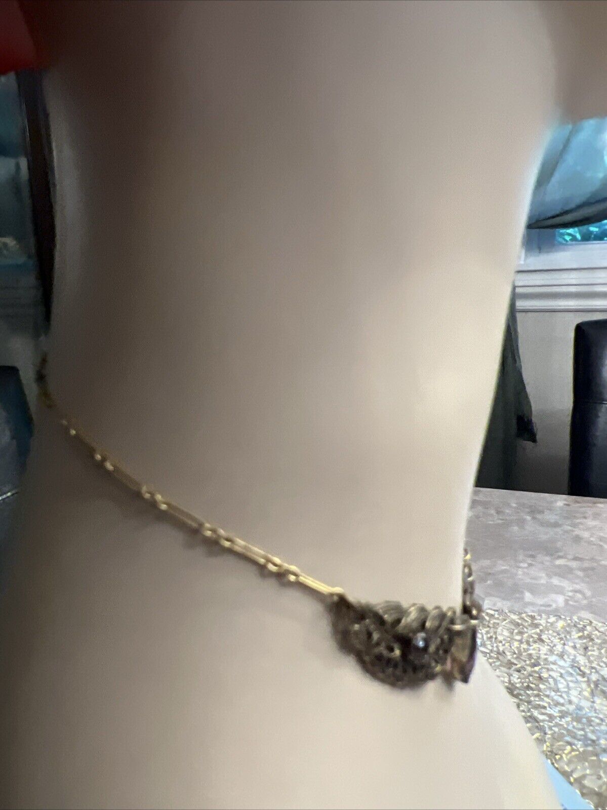 Antique early 1900s goldtone filigree choker necklace w Square purple stones