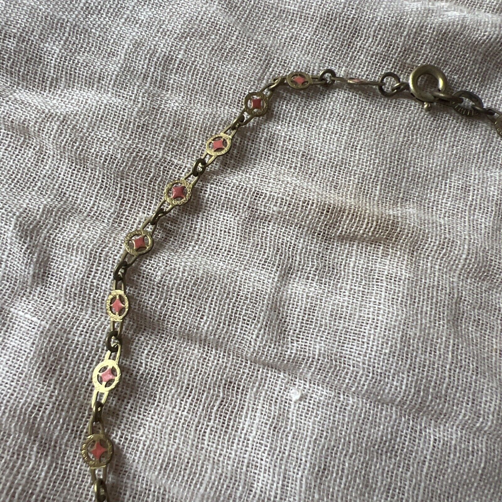 Antique Edwardian 1900s Brass & Pink Rhinestone Dangle Choker Necklace Vintage