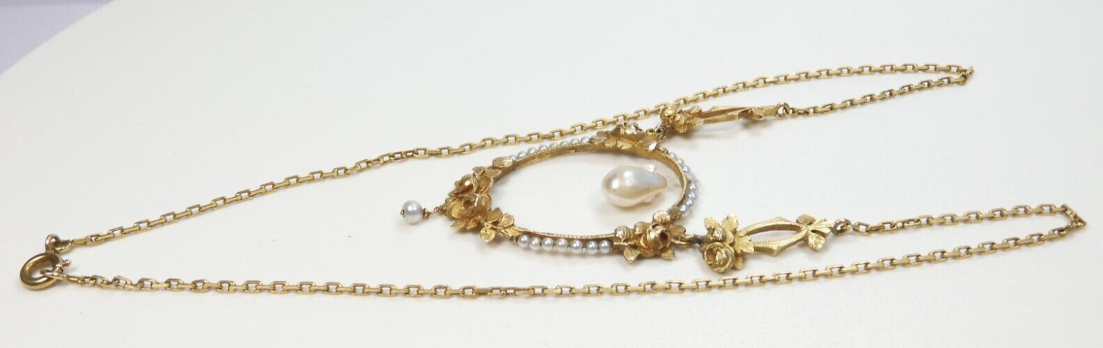 Antique Art Nouveau 1900'S Pearl Floral Necklace 17" 18K Yellow Gold 9.6 Grams