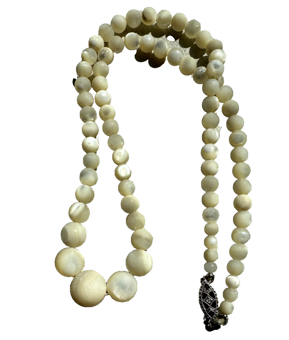 Antique 1900s Balamut Mother of Pearl Graduated Beaded Necklace Sterling Clasp