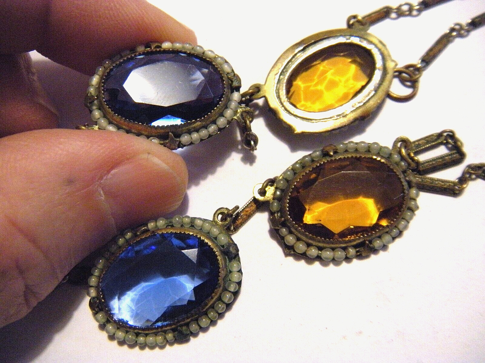 1900s Victorian Large Faceted Stones Seed Pearls Halo Oval Link Collar Necklace