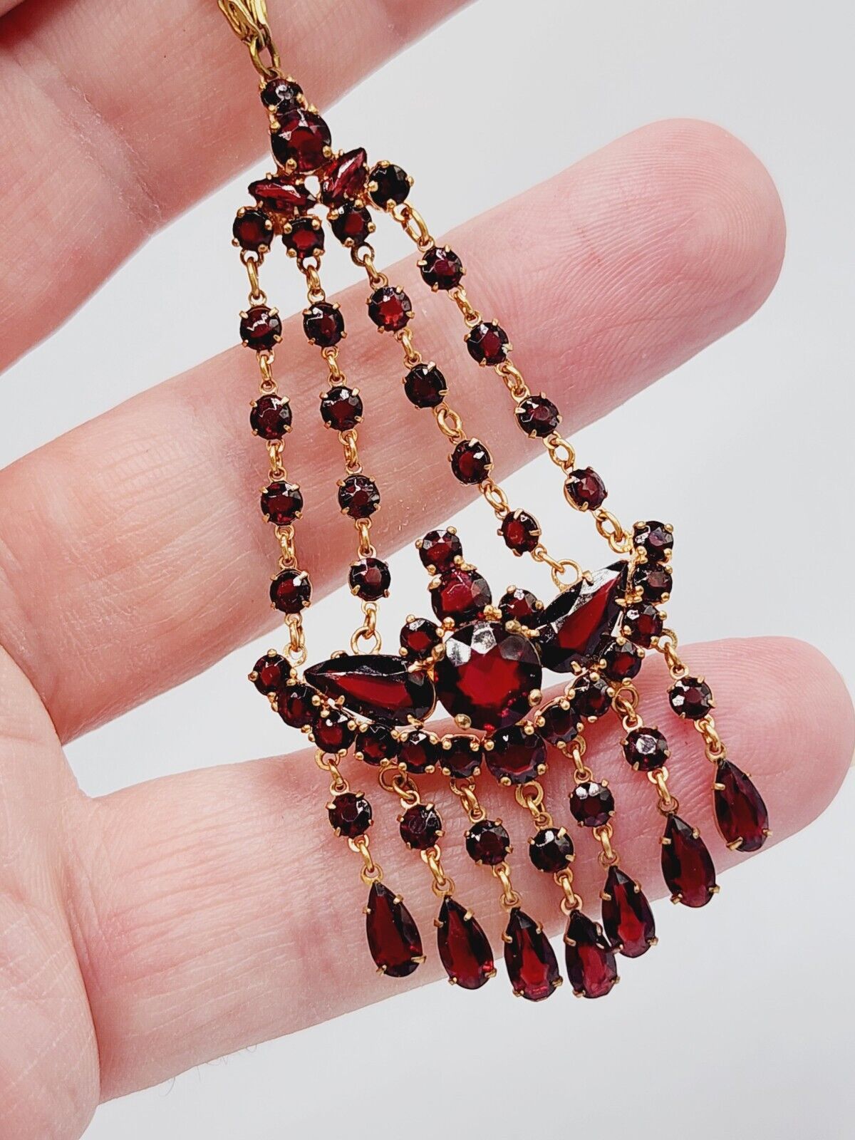 THE BEST - 1900s Antique GARNET GLASS Gold Filled PENDANT Lavaliere NECKLACE