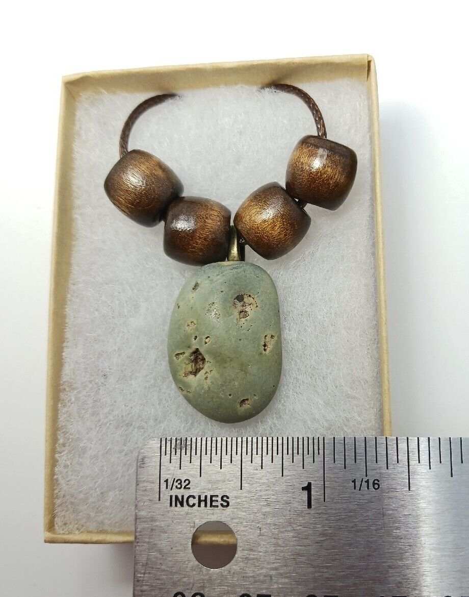 1800's Matte Green Slag Glass Unique Michigan Pendant Necklace Wood Accents 