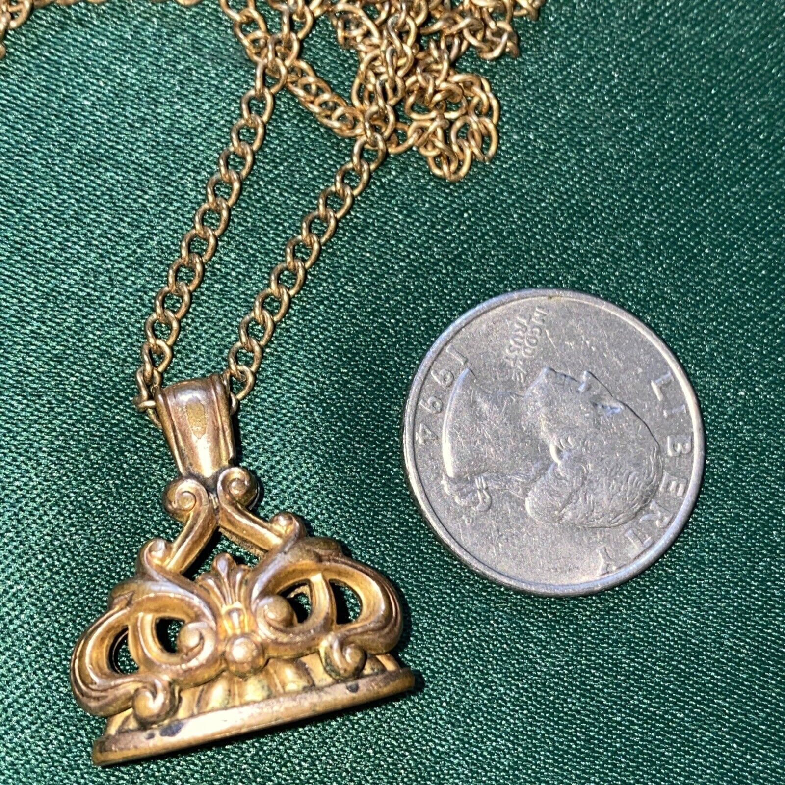 Crown Fob Pendant 1900s Edwardian Necklace Gold Tone Art Nouveau Antique
