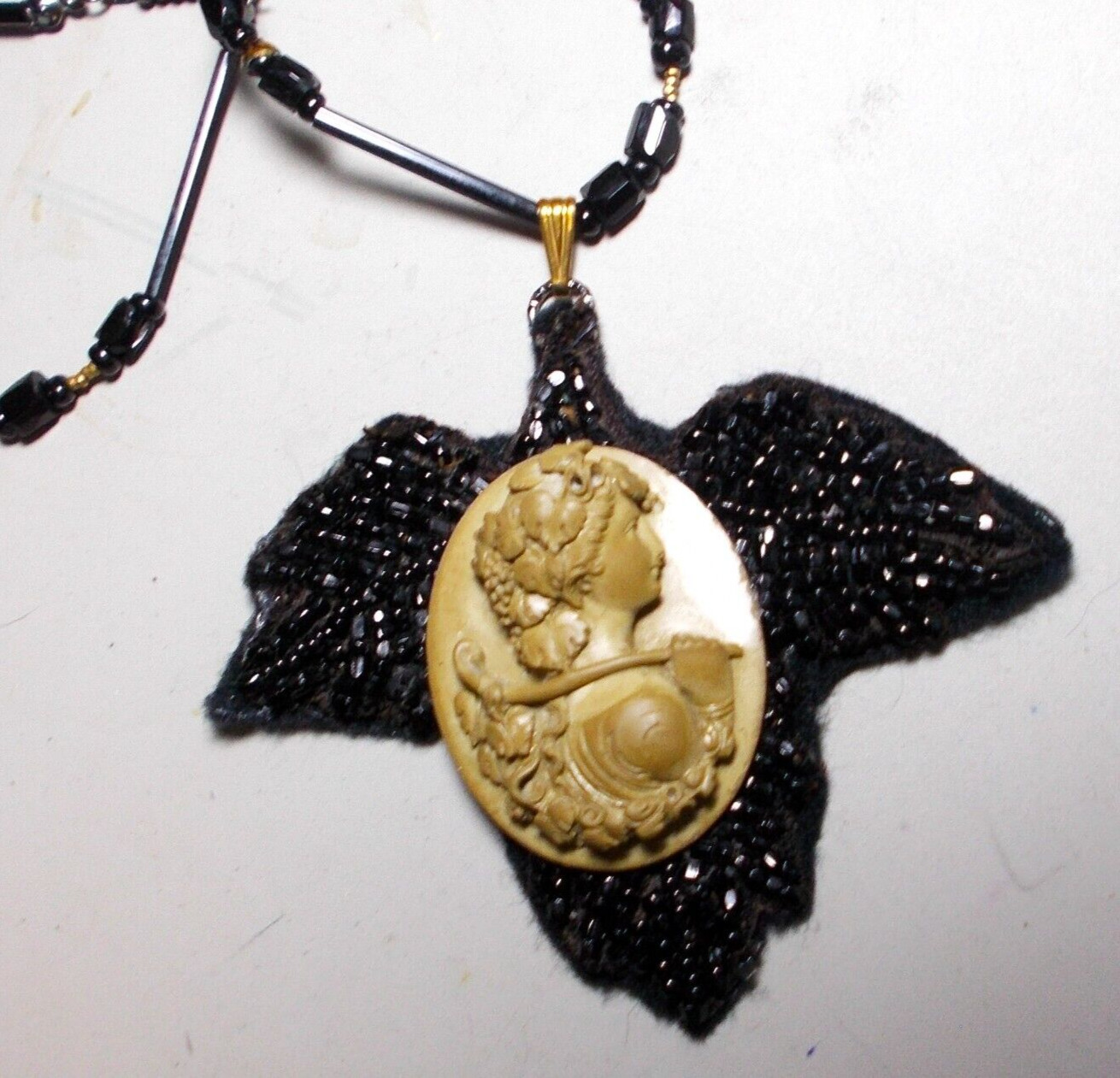 Lava Cameo Necklace 1800s Hand Carved High Relief Bacchante Gatherer. Restrung