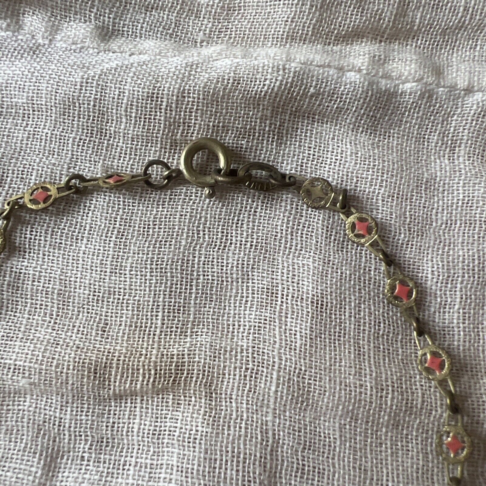 Antique Edwardian 1900s Brass & Pink Rhinestone Dangle Choker Necklace Vintage