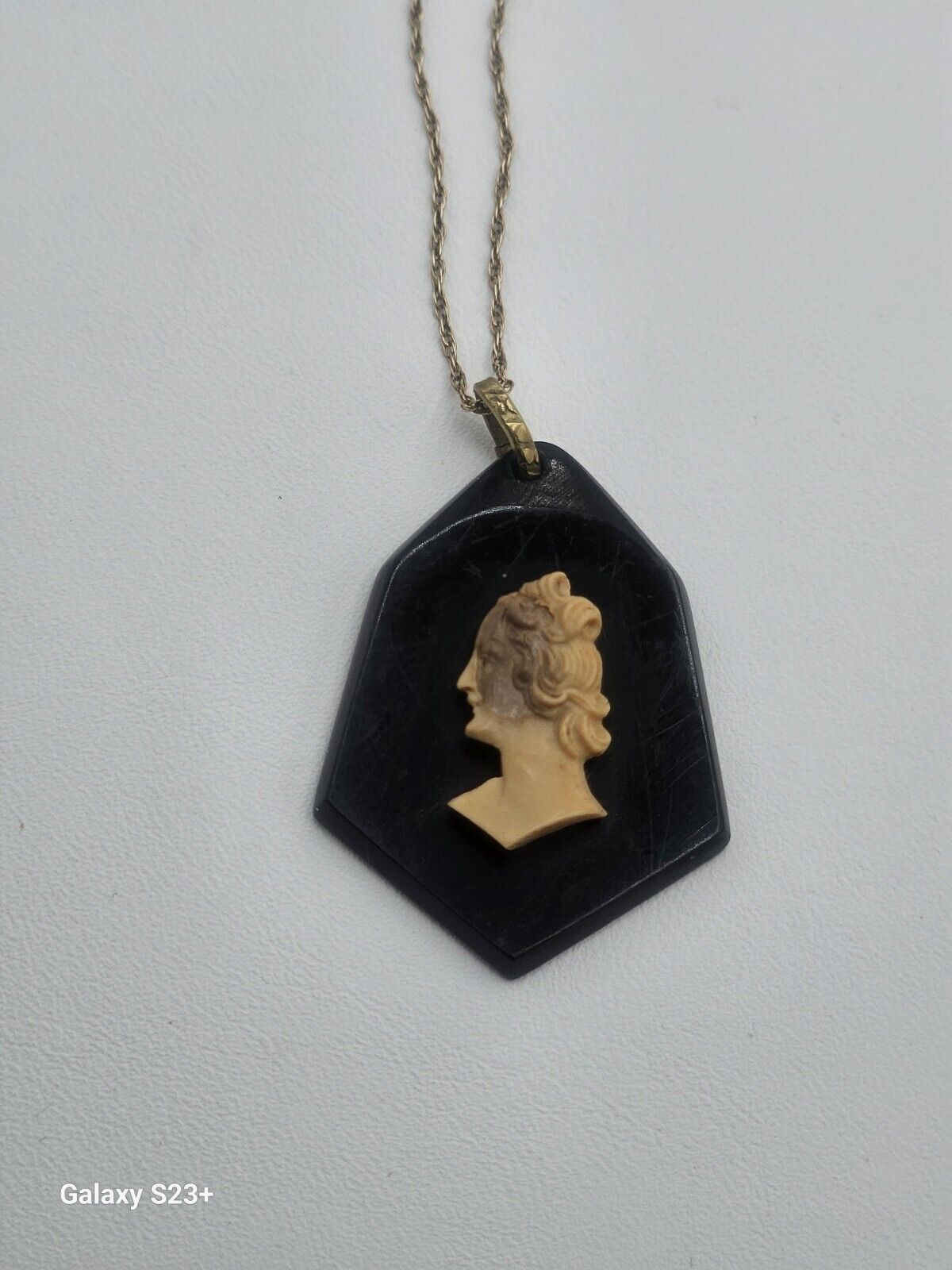 Antique C.1800's Mourning Necklace, Black Cameo Pendant+20"12k Goldf Chain 