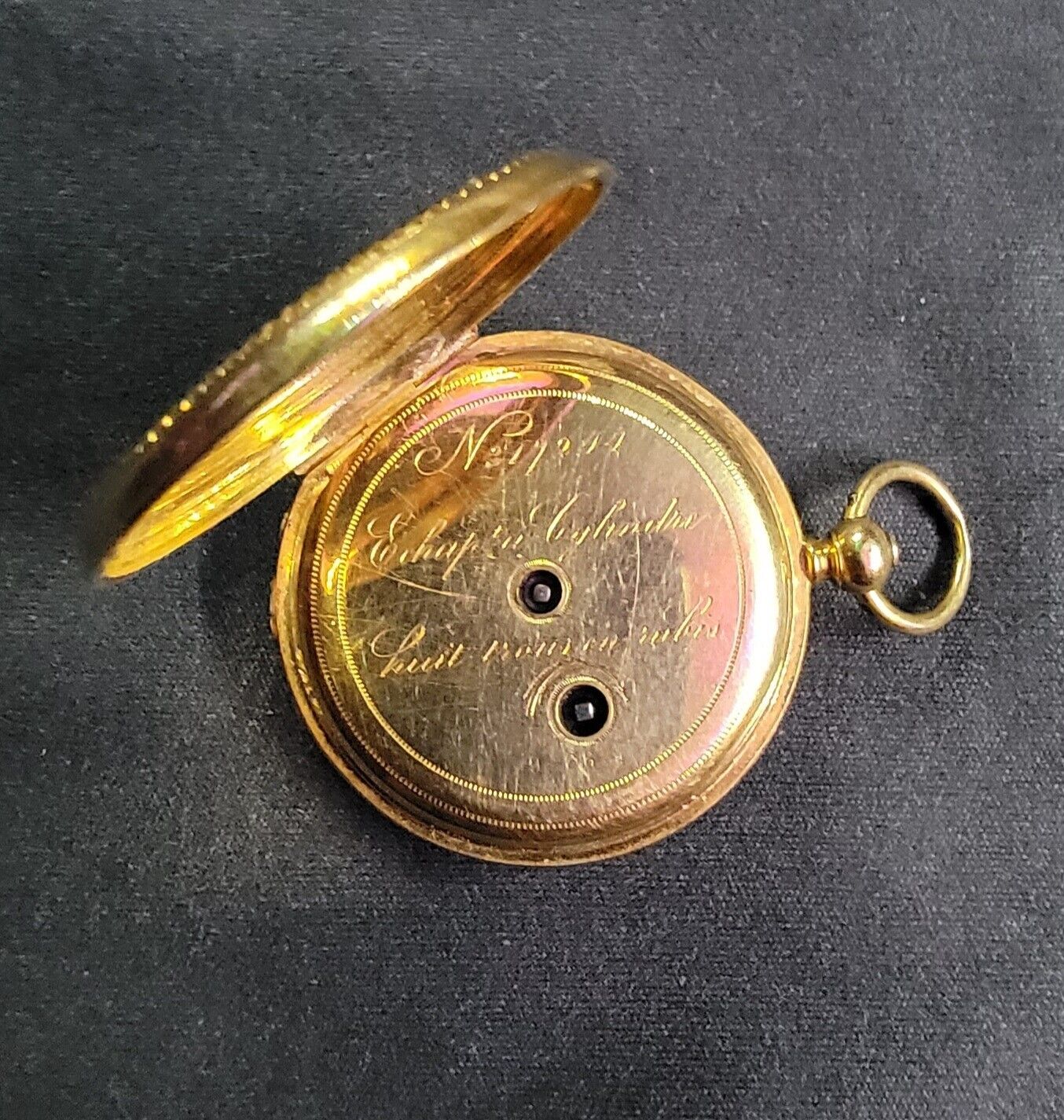 Mid 1800s French 14k Gold Pocket Watch 40 Diamonds & Black Enamel Inlay Rubies