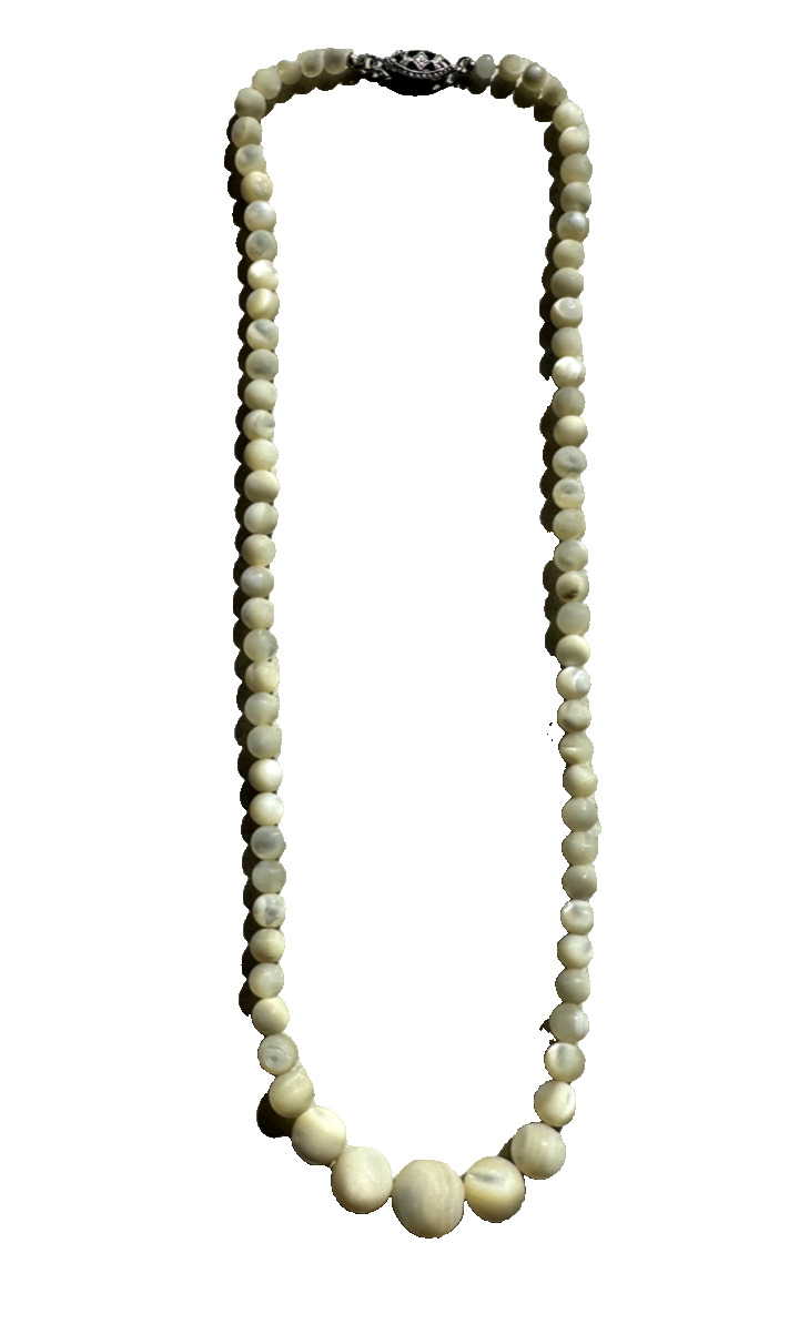 Antique 1900s Balamut Mother of Pearl Graduated Beaded Necklace Sterling Clasp