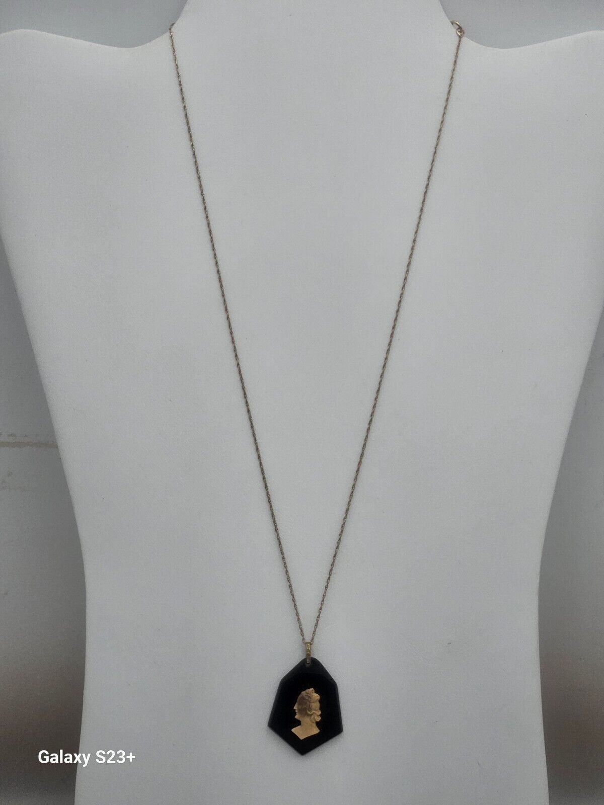 Antique C.1800's Mourning Necklace, Black Cameo Pendant+20"12k Goldf Chain 