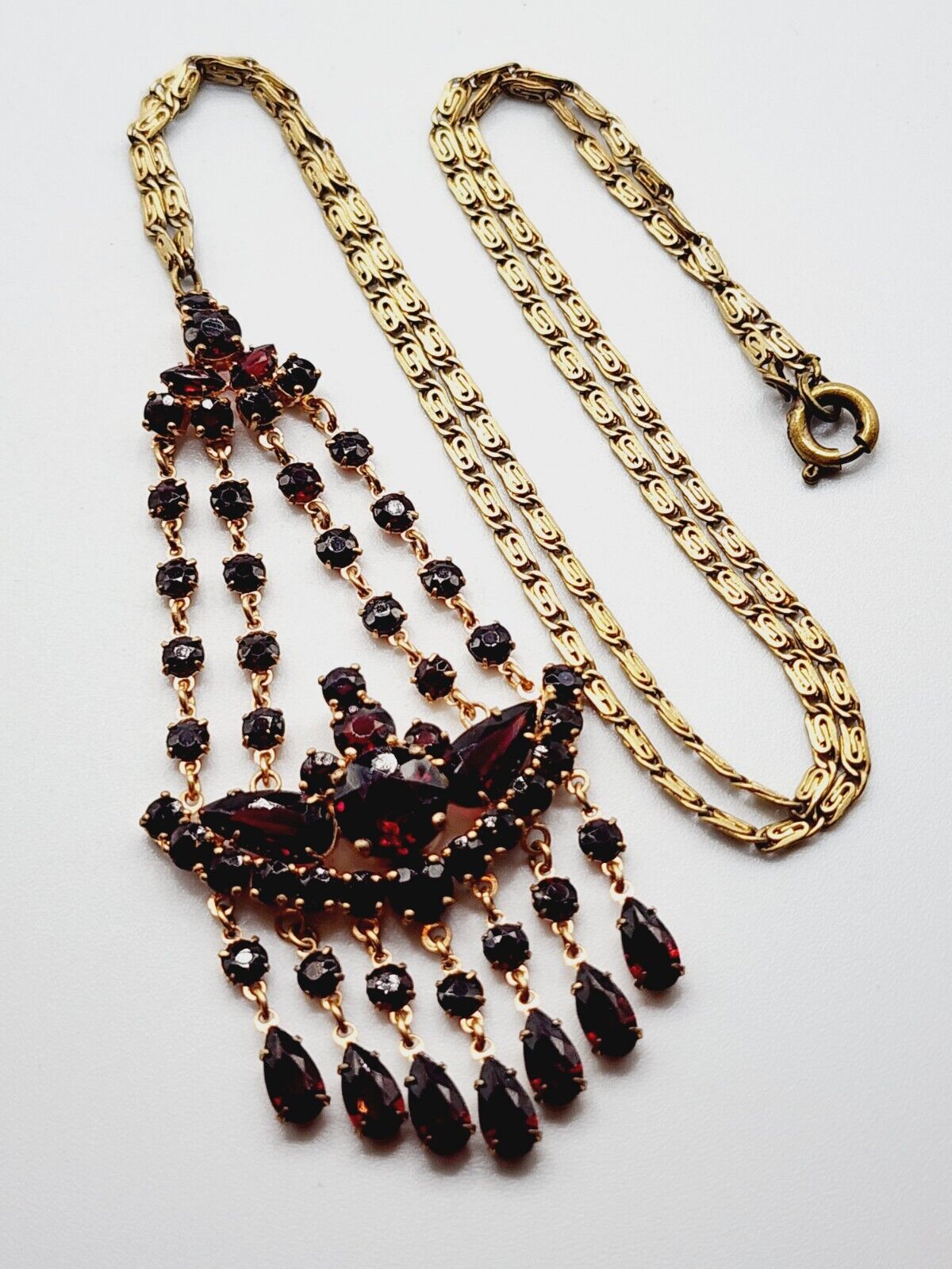 THE BEST - 1900s Antique GARNET GLASS Gold Filled PENDANT Lavaliere NECKLACE
