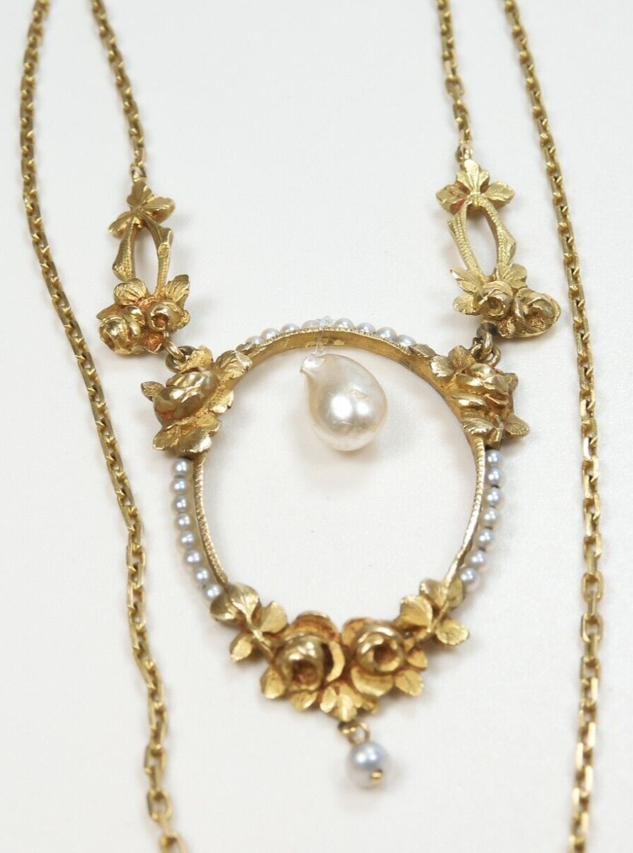 Antique Art Nouveau 1900'S Pearl Floral Necklace 17" 18K Yellow Gold 9.6 Grams