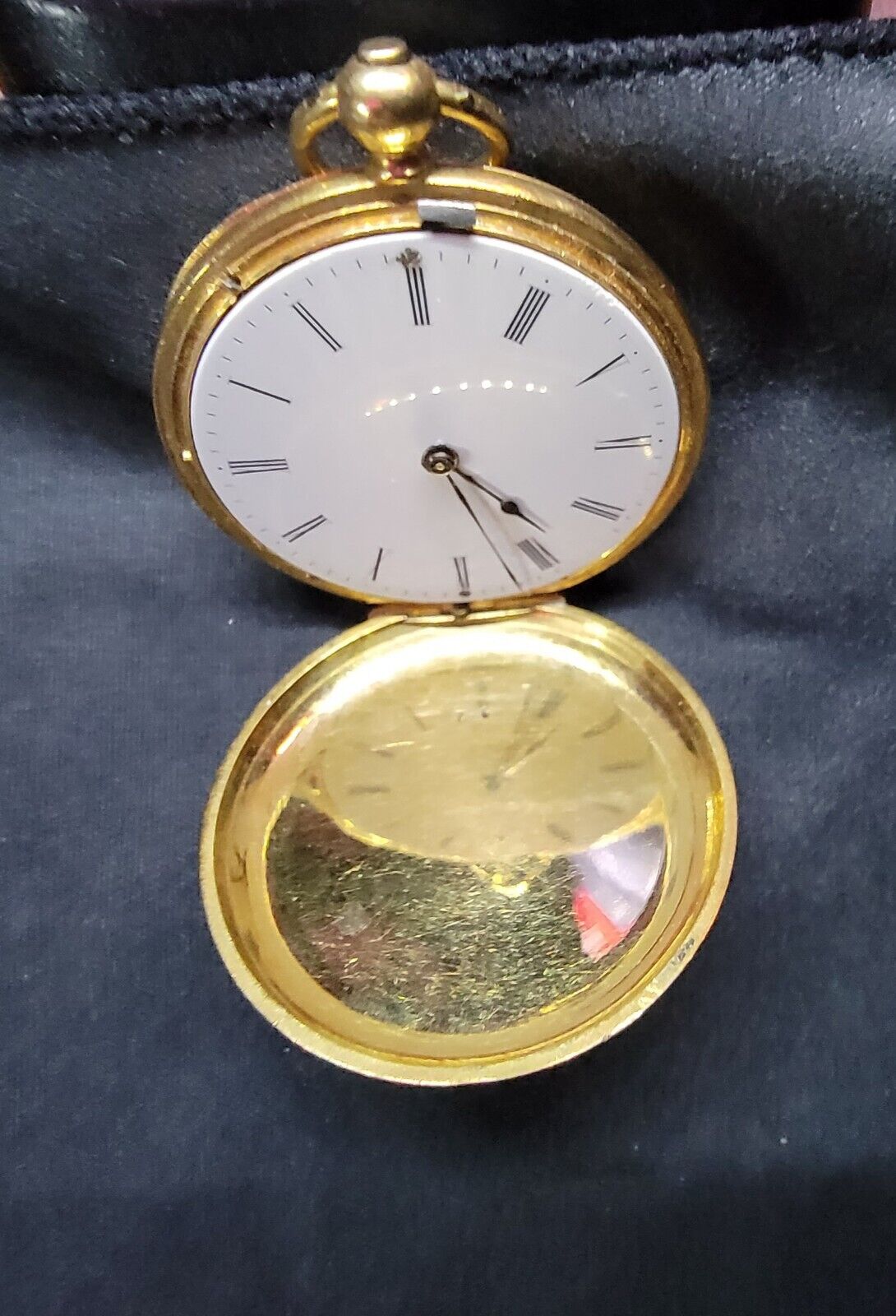 Mid 1800s French 14k Gold Pocket Watch 40 Diamonds & Black Enamel Inlay Rubies