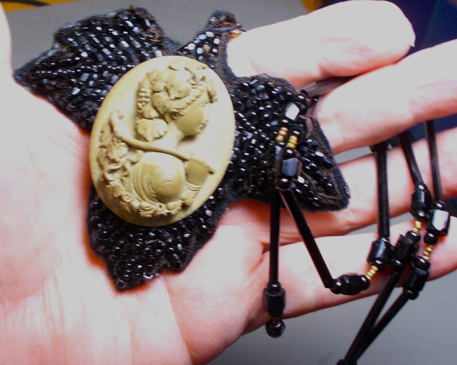 Lava Cameo Necklace 1800s Hand Carved High Relief Bacchante Gatherer. Restrung