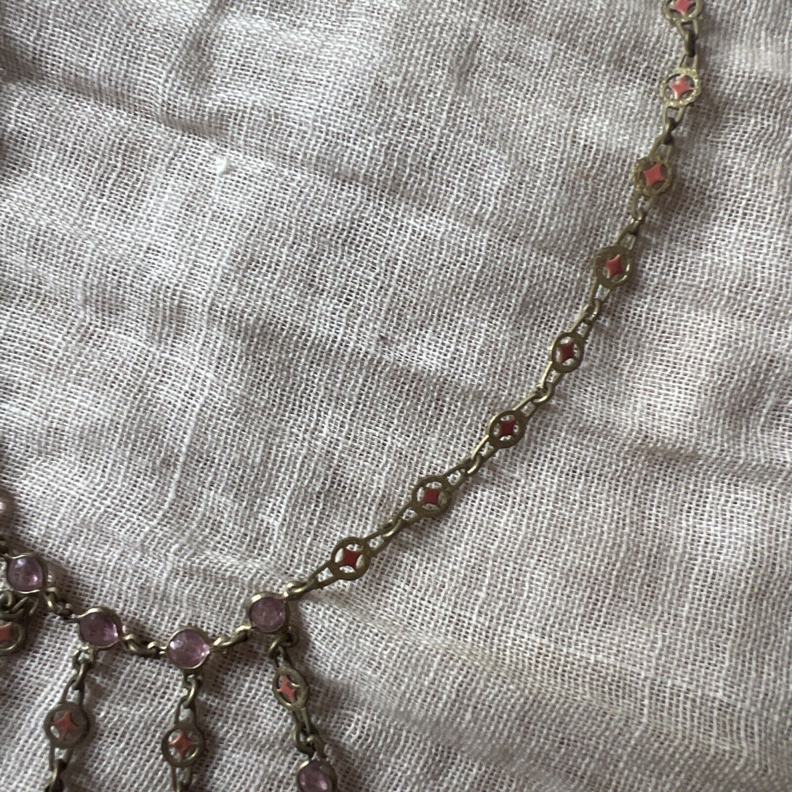 Antique Edwardian 1900s Brass & Pink Rhinestone Dangle Choker Necklace Vintage