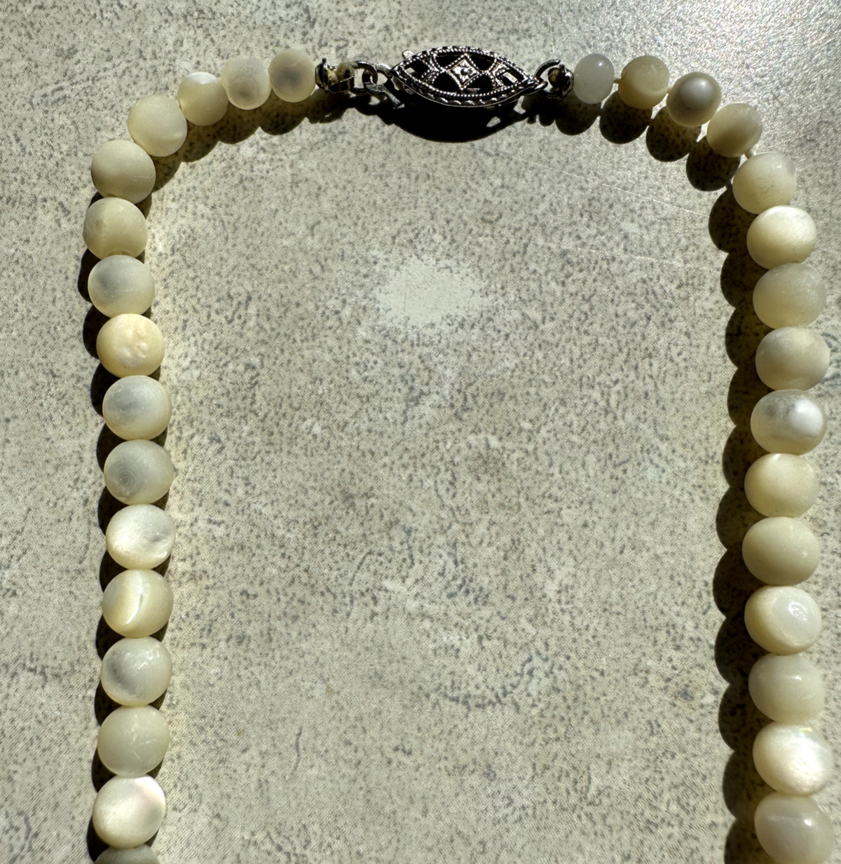 Antique 1900s Balamut Mother of Pearl Graduated Beaded Necklace Sterling Clasp