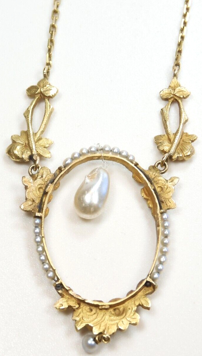 Antique Art Nouveau 1900'S Pearl Floral Necklace 17" 18K Yellow Gold 9.6 Grams