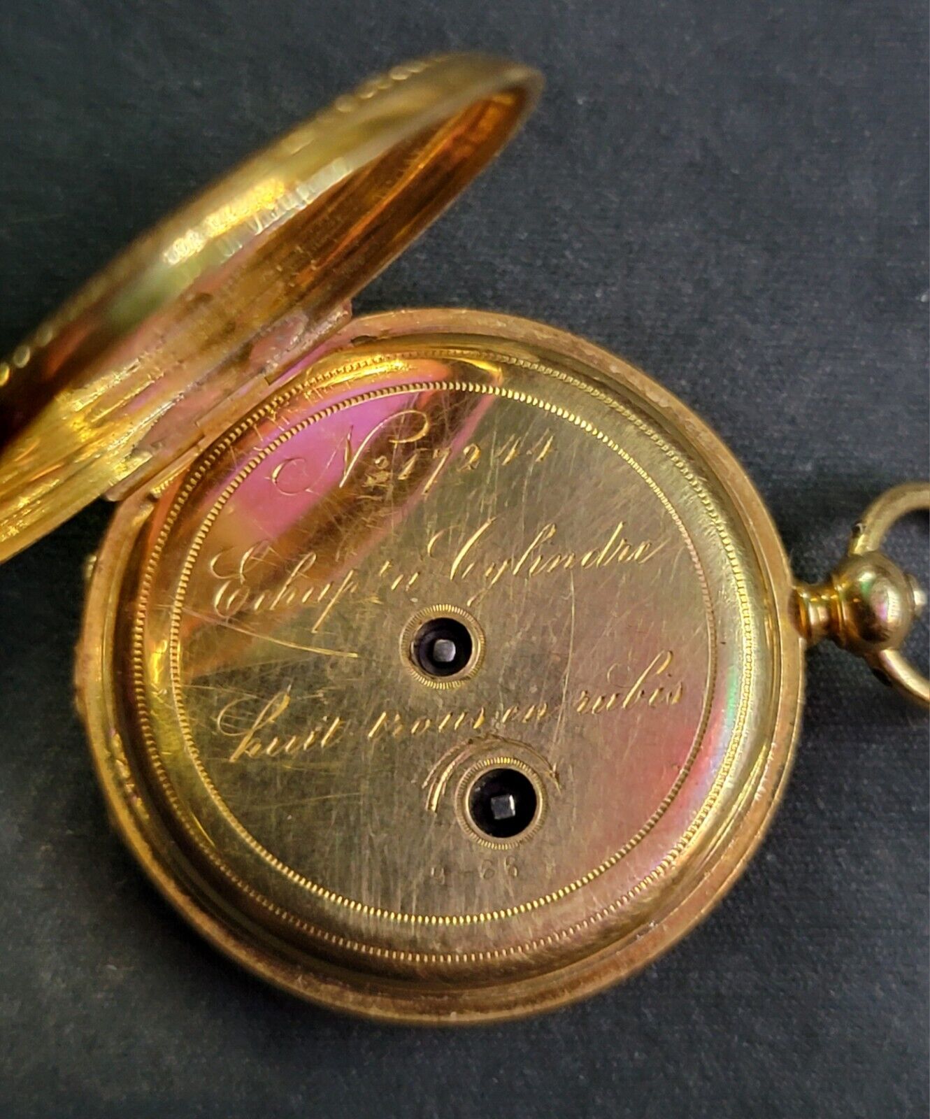 Mid 1800s French 14k Gold Pocket Watch 40 Diamonds & Black Enamel Inlay Rubies