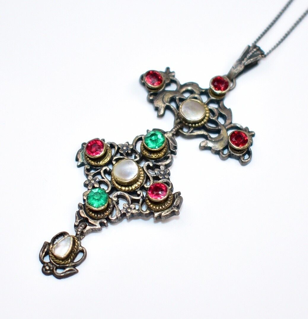 SPECTACULAR 1800s *800 Silver AUSTRO HUNGARIAN 3 Tiered Jeweled PENDANT Necklace