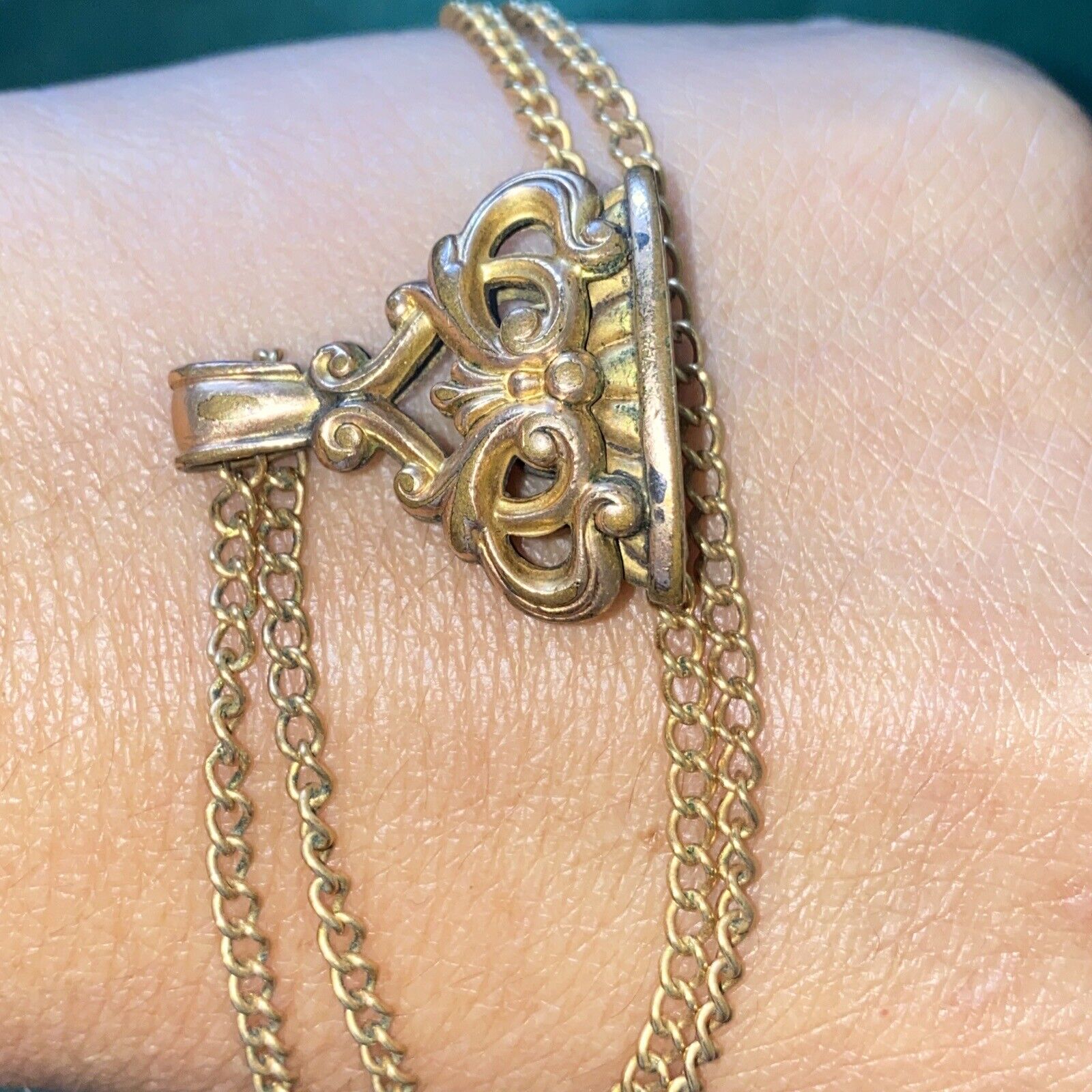 Crown Fob Pendant 1900s Edwardian Necklace Gold Tone Art Nouveau Antique