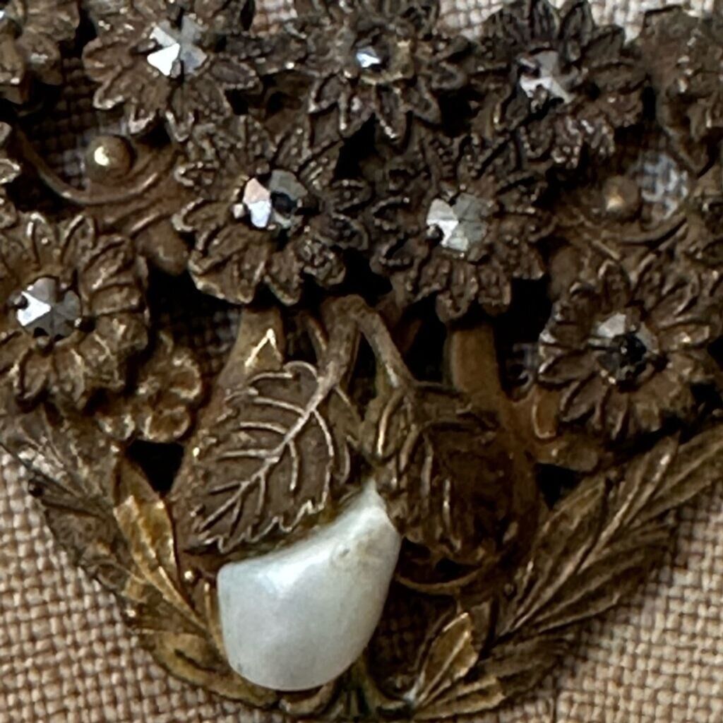 Art Nouveau Edwardian Floral Brass Filigree Marcasite Pearl Necklace 1900’s