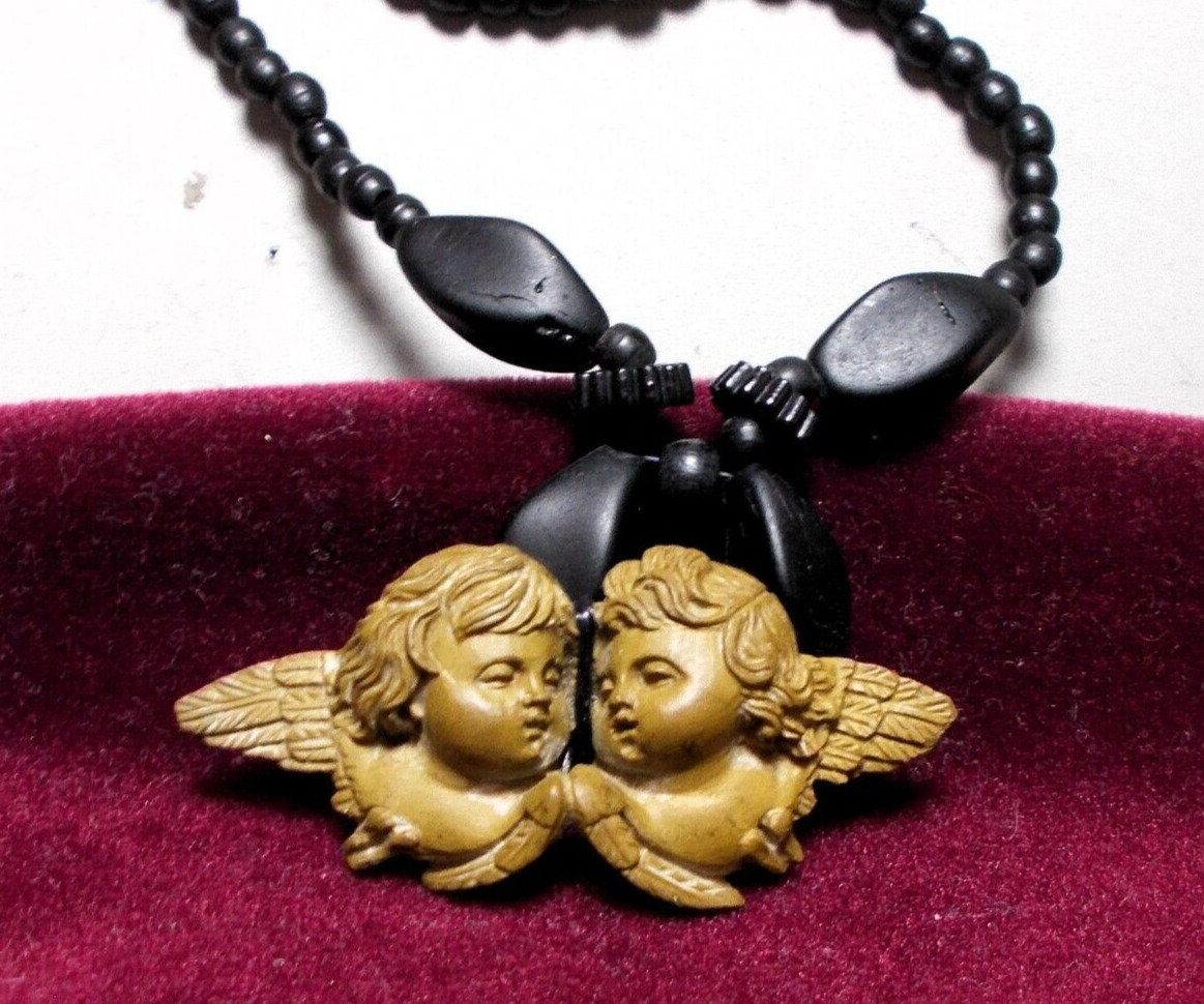 Dainty Lava Cherubs Necklace Late 1800s Hand Carved High Relief w/ Wings, Love