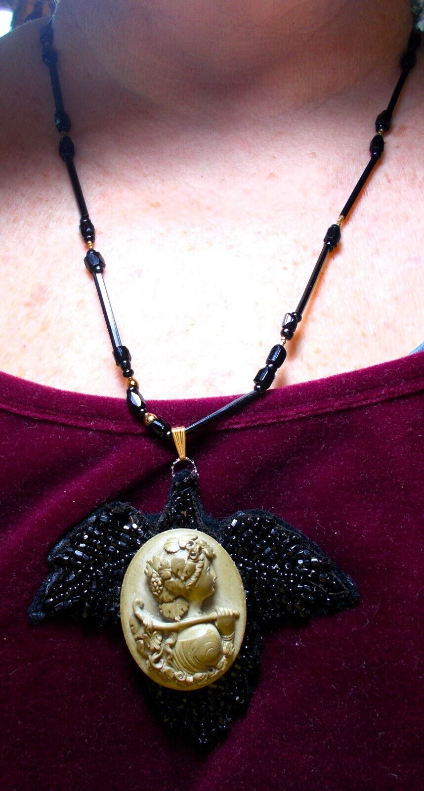 Lava Cameo Necklace 1800s Hand Carved High Relief Bacchante Gatherer. Restrung