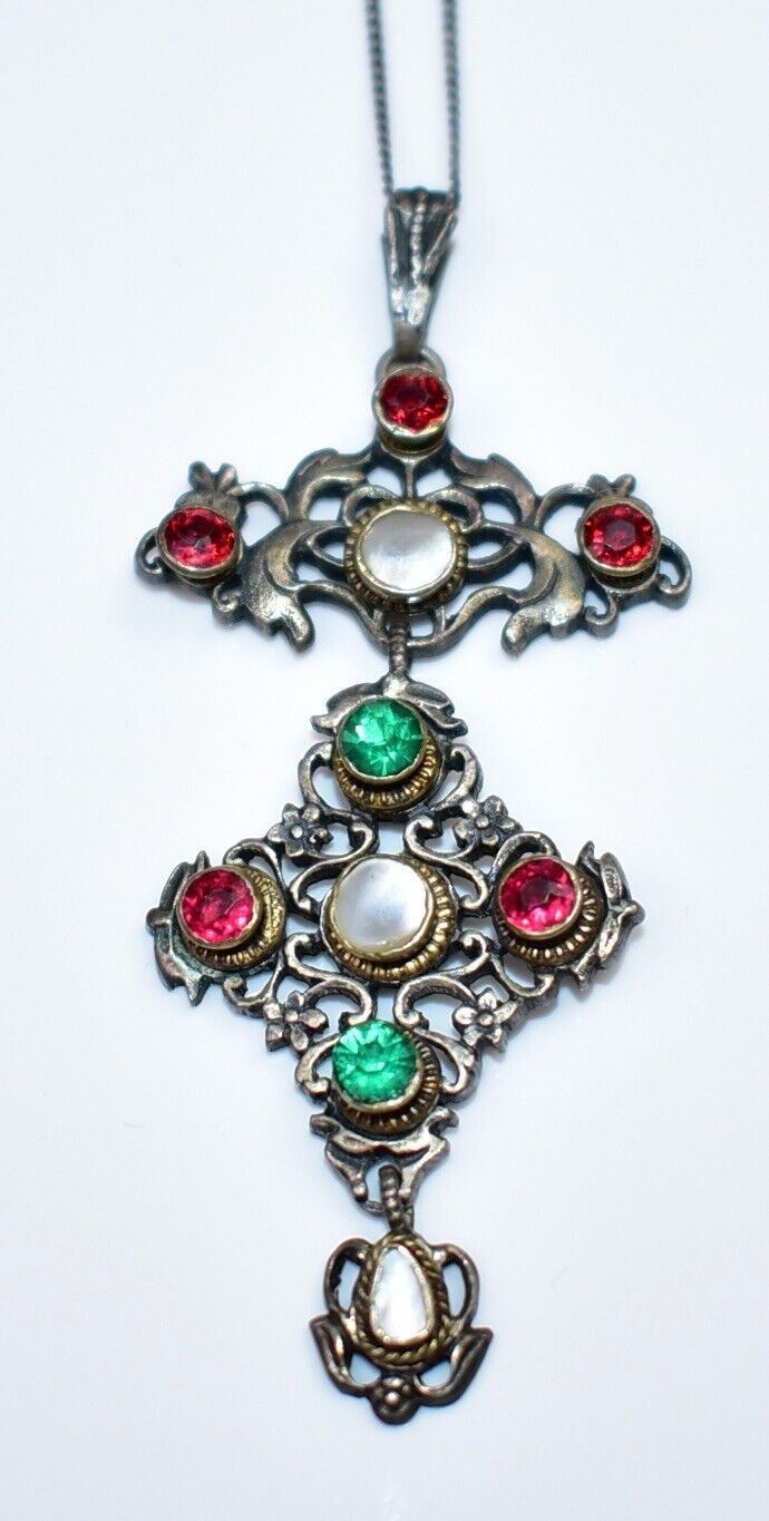 SPECTACULAR 1800s *800 Silver AUSTRO HUNGARIAN 3 Tiered Jeweled PENDANT Necklace
