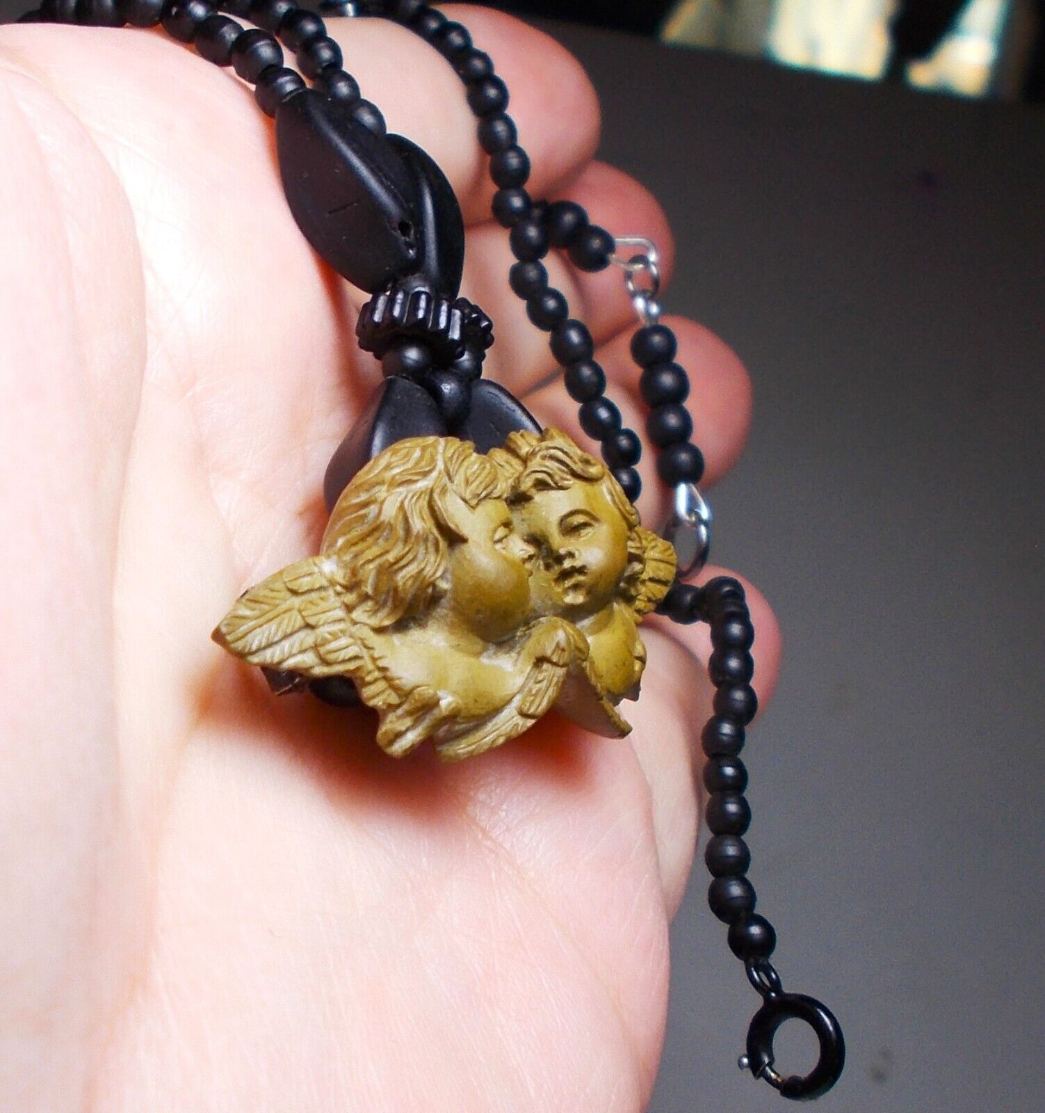 Dainty Lava Cherubs Necklace Late 1800s Hand Carved High Relief w/ Wings, Love