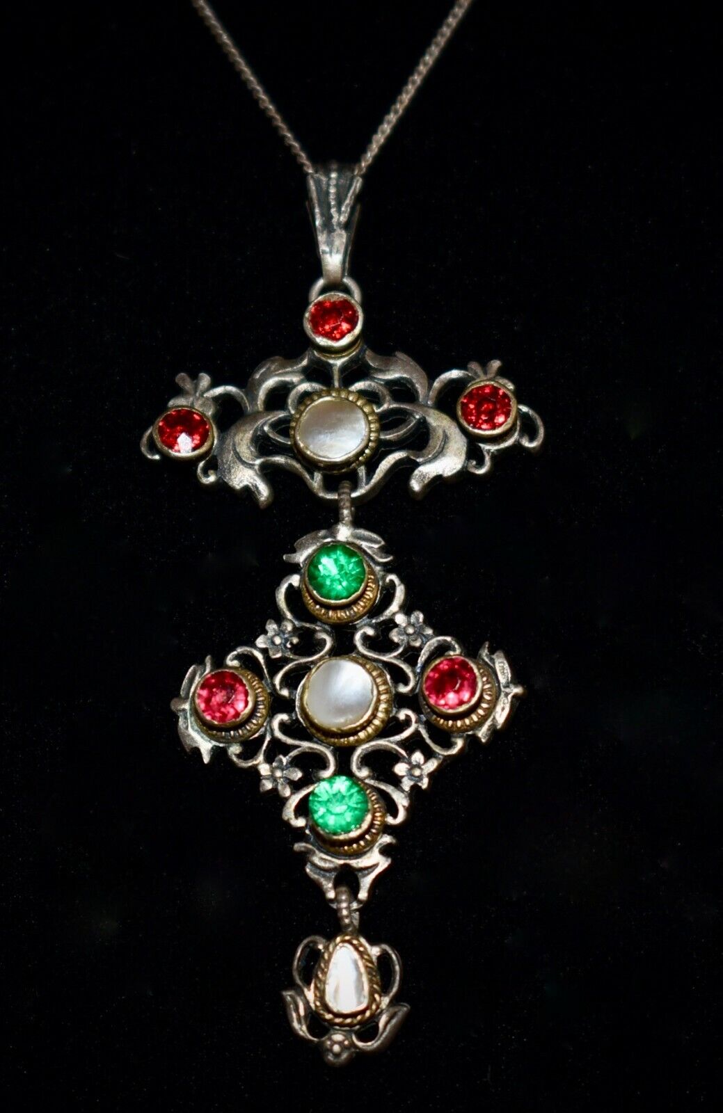 SPECTACULAR 1800s *800 Silver AUSTRO HUNGARIAN 3 Tiered Jeweled PENDANT Necklace