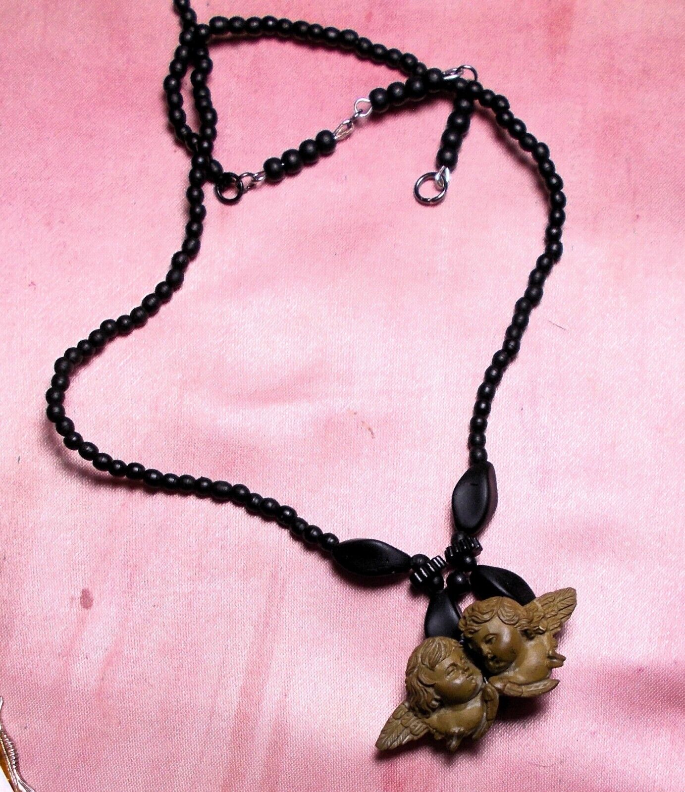 Dainty Lava Cherubs Necklace Late 1800s Hand Carved High Relief w/ Wings, Love