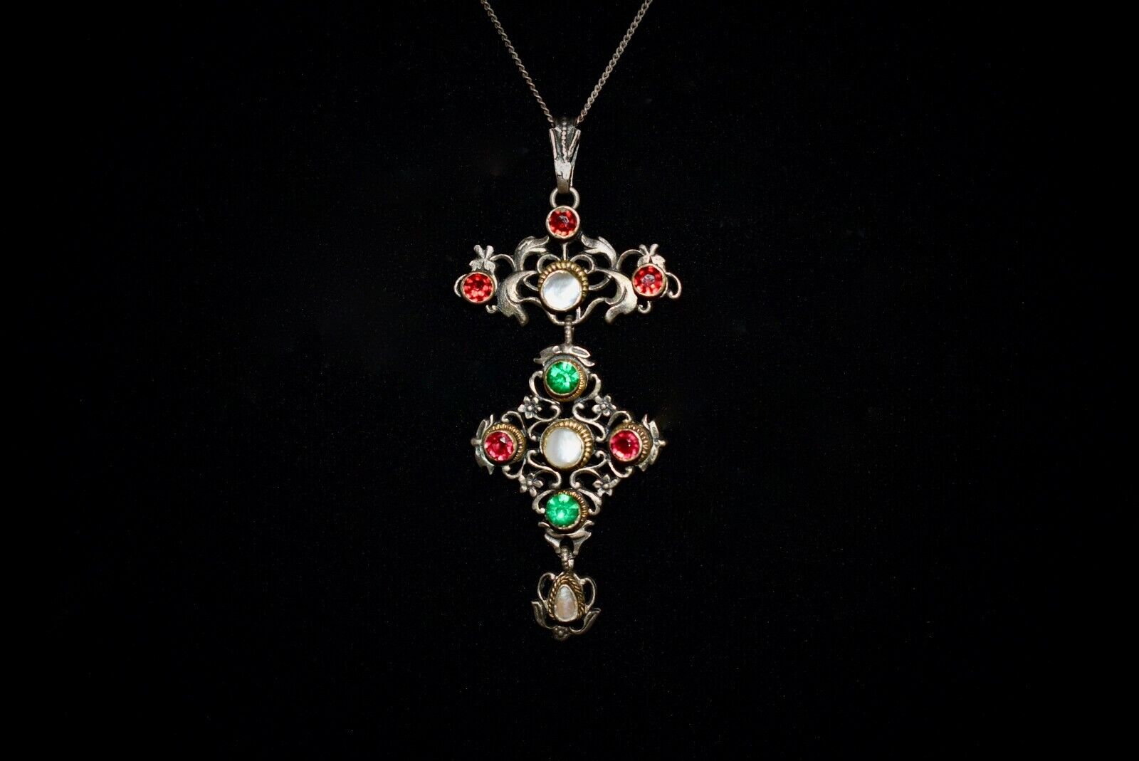 SPECTACULAR 1800s *800 Silver AUSTRO HUNGARIAN 3 Tiered Jeweled PENDANT Necklace