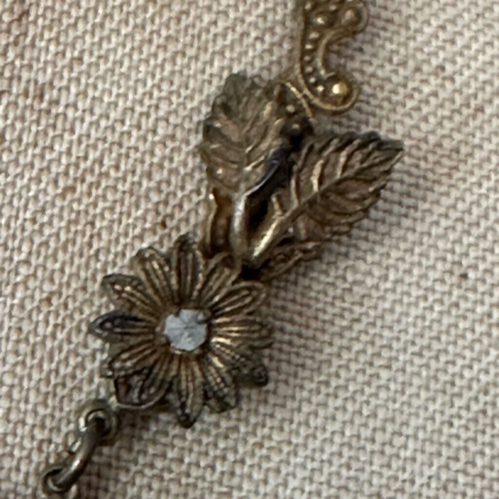 Art Nouveau Edwardian Floral Brass Filigree Marcasite Pearl Necklace 1900’s