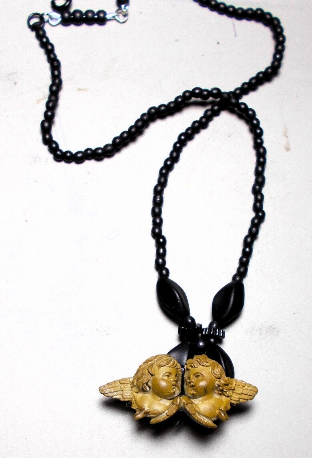 Dainty Lava Cherubs Necklace Late 1800s Hand Carved High Relief w/ Wings, Love