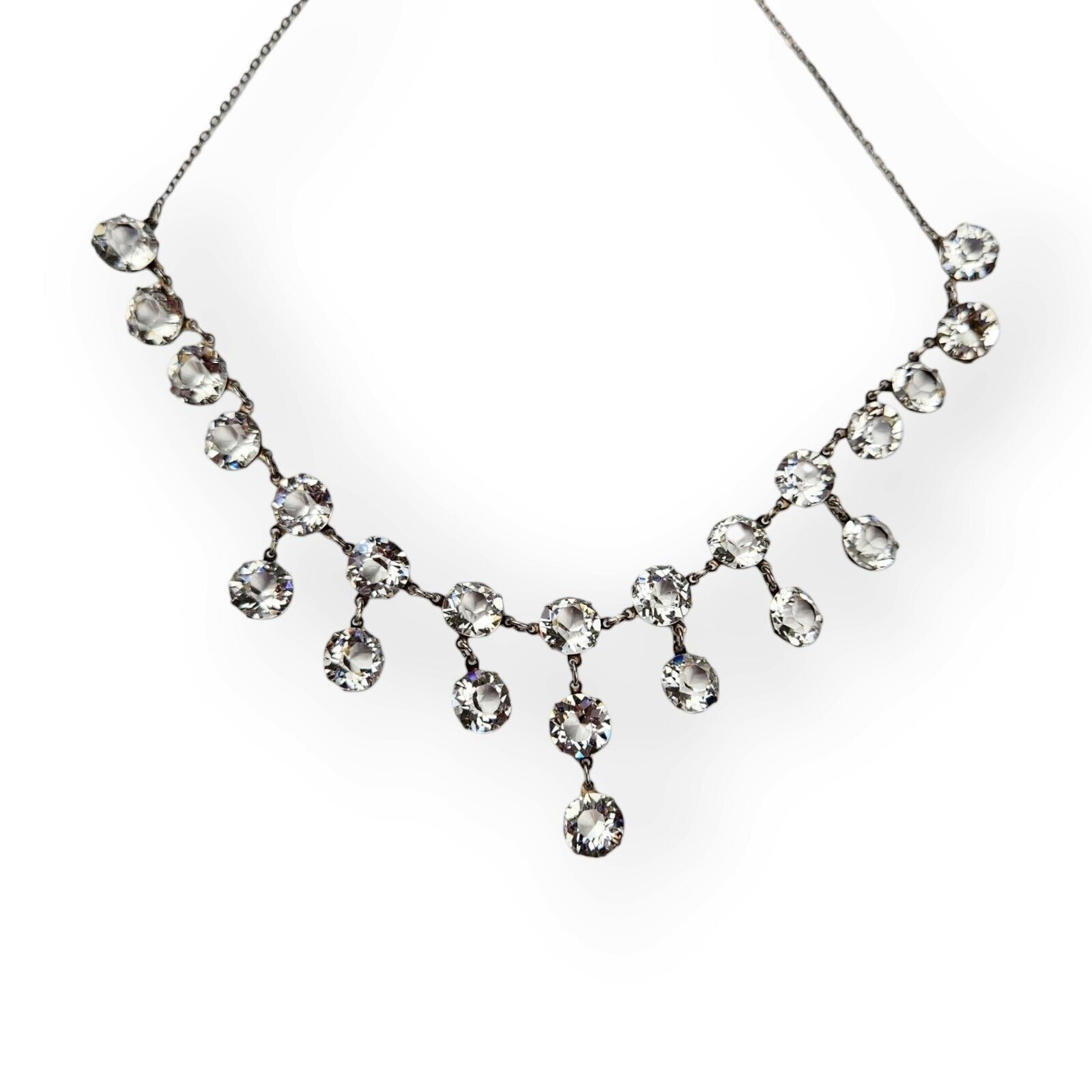 Antique Art Deco Sterling Necklace Clear Crystal Drop Choker 1900s 925 Silver