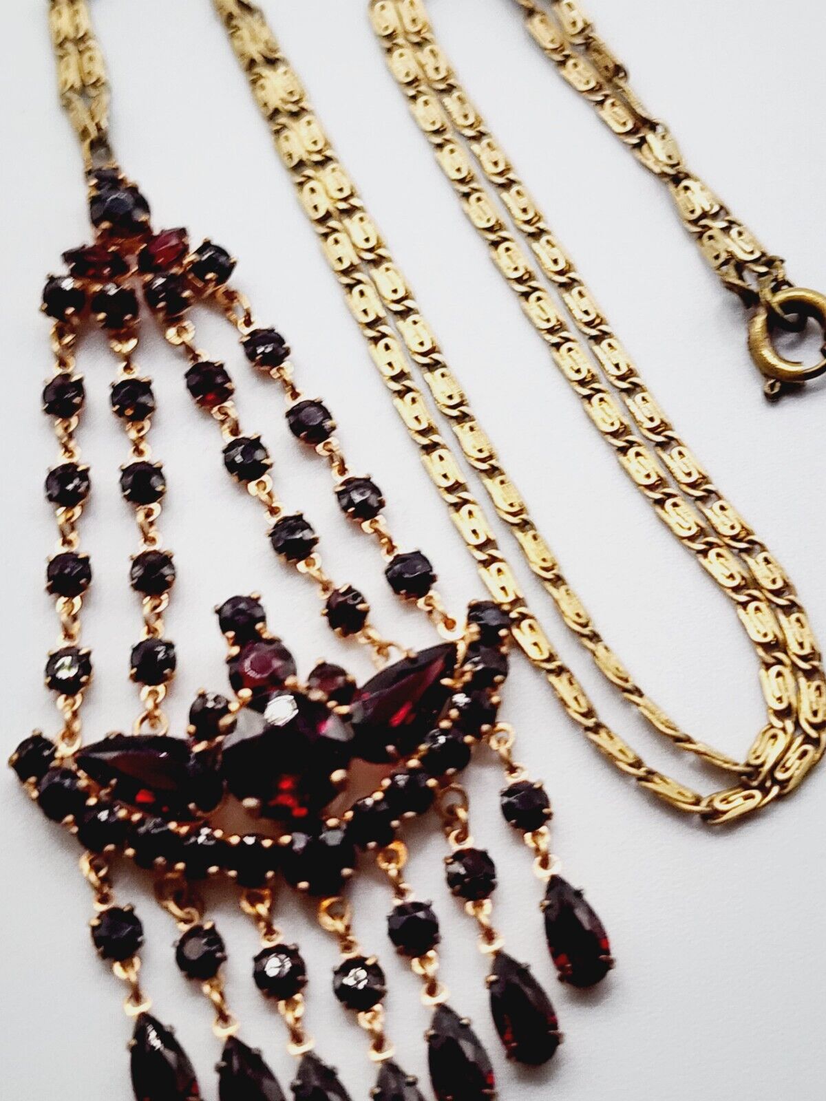 THE BEST - 1900s Antique GARNET GLASS Gold Filled PENDANT Lavaliere NECKLACE