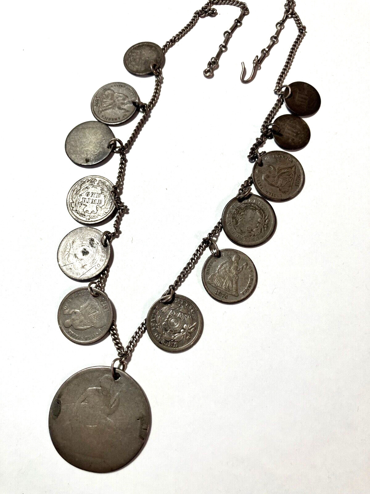 Victorian Love Token Neckless Engraved 1800's Coins 13 coins 18 in