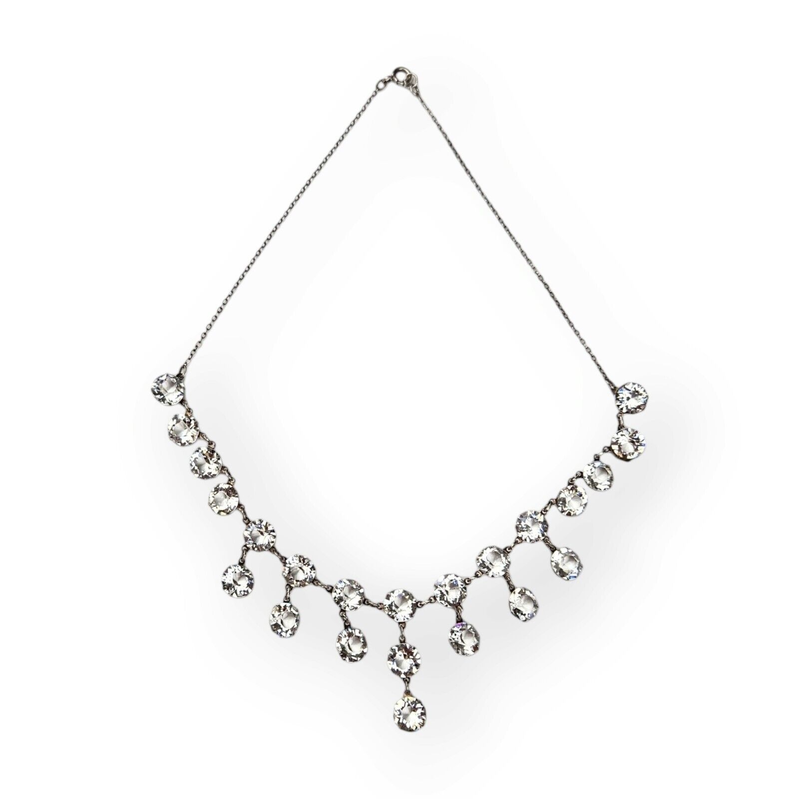 Antique Art Deco Sterling Necklace Clear Crystal Drop Choker 1900s 925 Silver   
