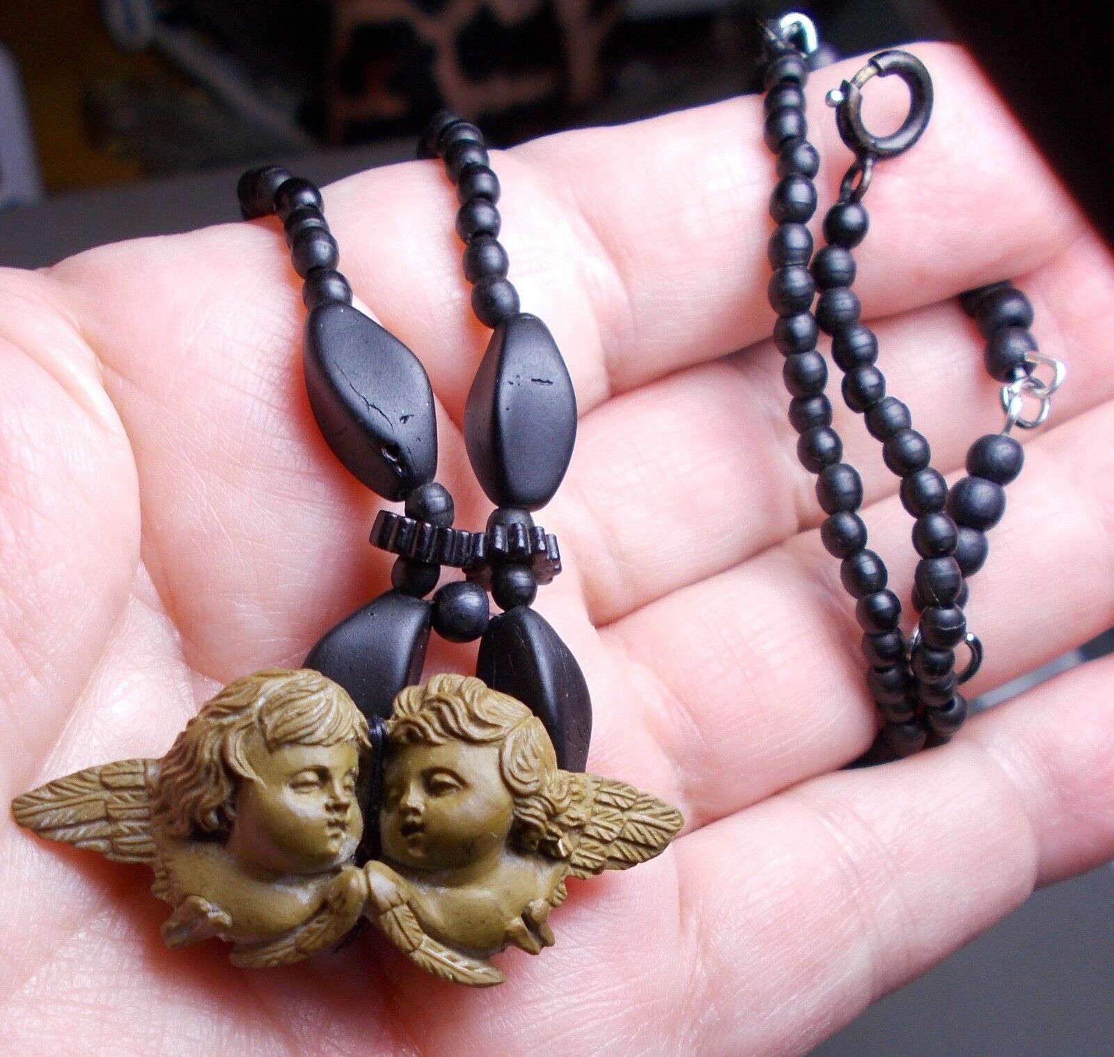 Dainty Lava Cherubs Necklace Late 1800s Hand Carved High Relief w/ Wings, Love