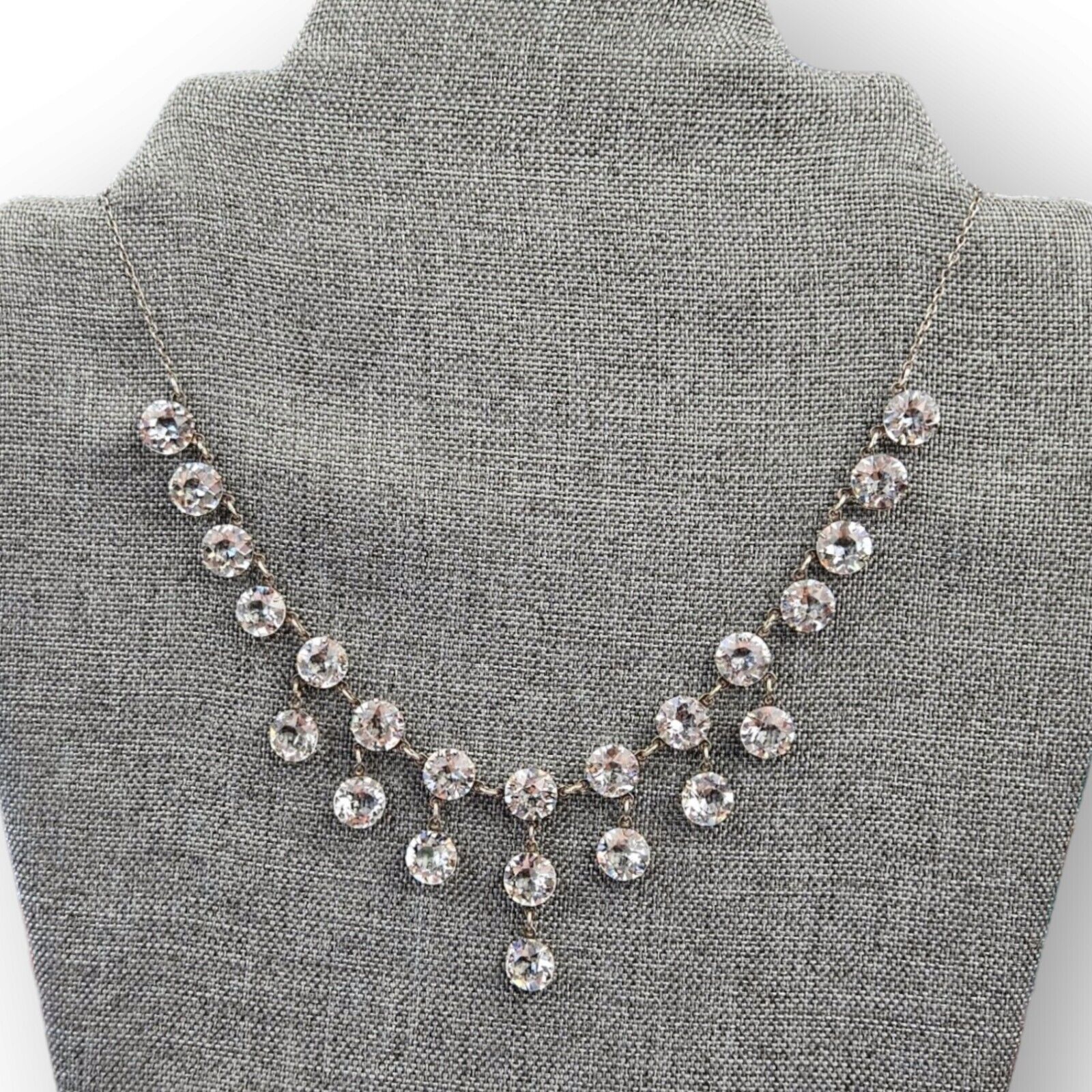 Antique Art Deco Sterling Necklace Clear Crystal Drop Choker 1900s 925 Silver   