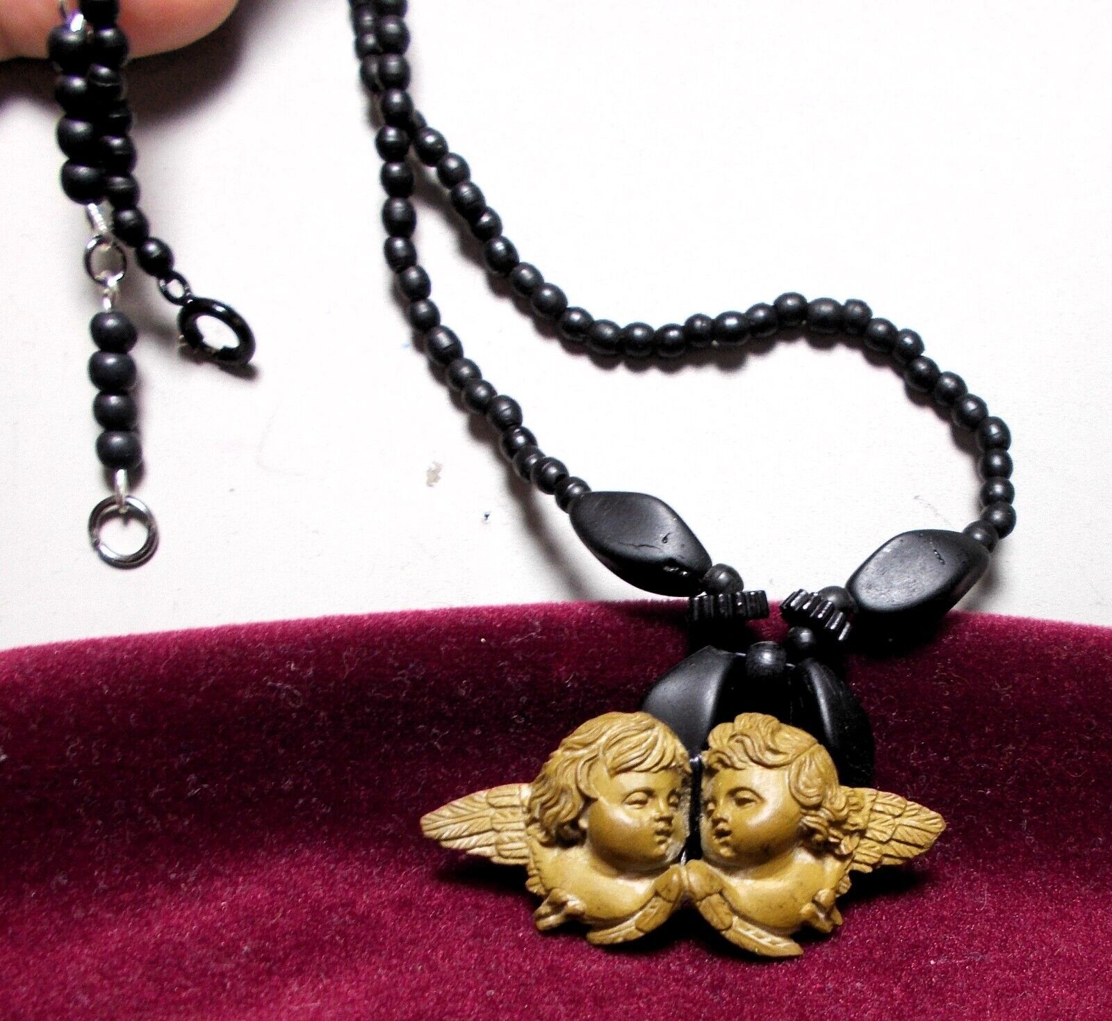 Dainty Lava Cherubs Necklace Late 1800s Hand Carved High Relief w/ Wings, Love