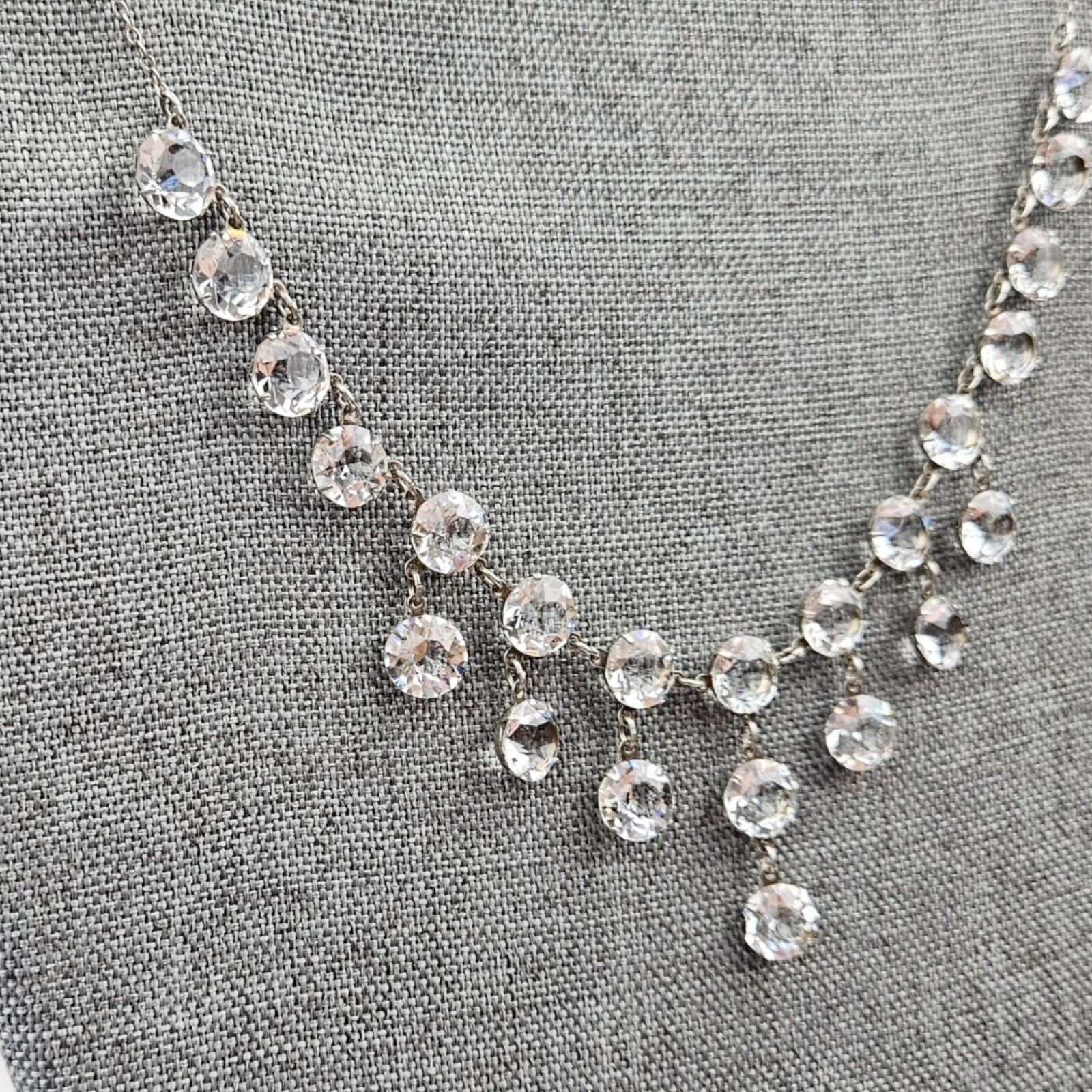 Antique Art Deco Sterling Necklace Clear Crystal Drop Choker 1900s 925 Silver   