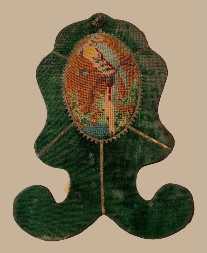 Victorian 1800's Necklace display Easel form w/Hook on Top Needlepoint BIRD RARE