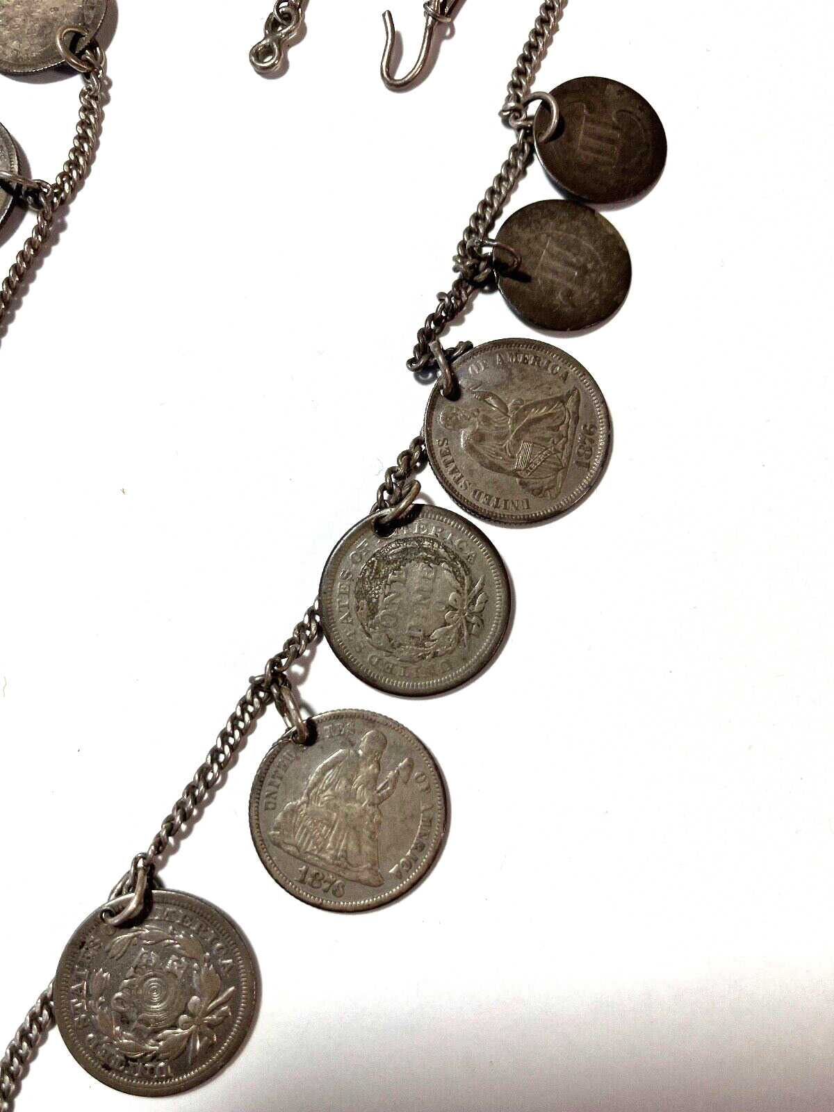 Victorian Love Token Neckless Engraved 1800's Coins  13 coins  18 in