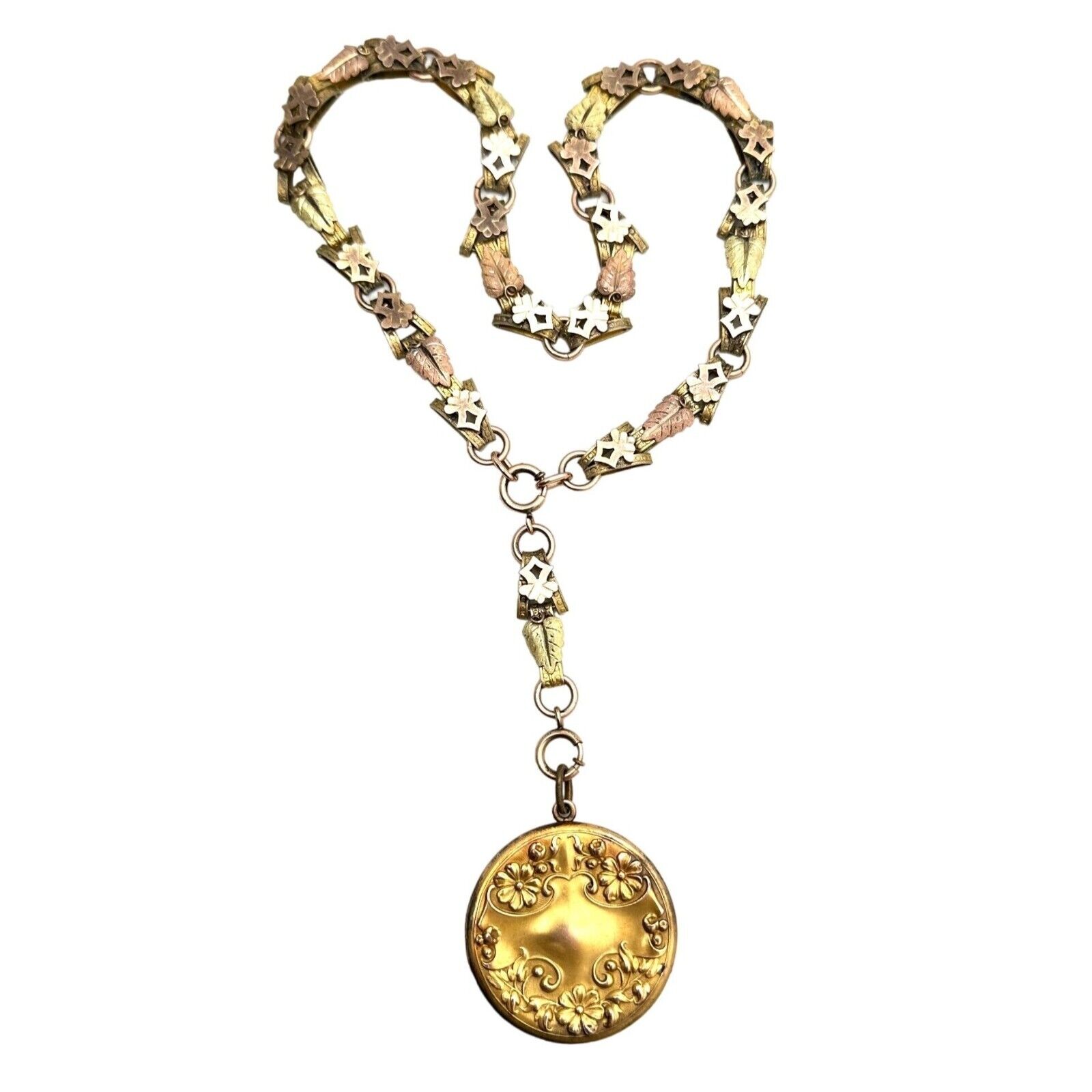 Antique Victorian Womens Necklace Gold Filled Tri Color Book Chain Locket 1800s