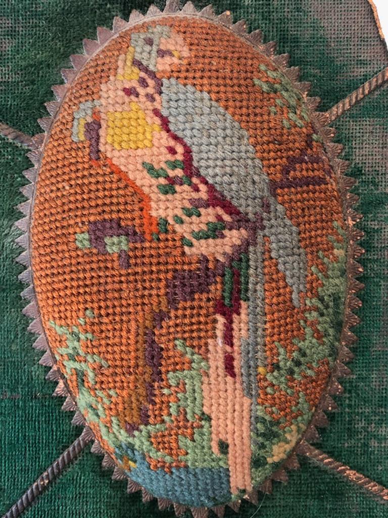 Victorian 1800's Necklace display Easel form w/Hook on Top Needlepoint BIRD RARE