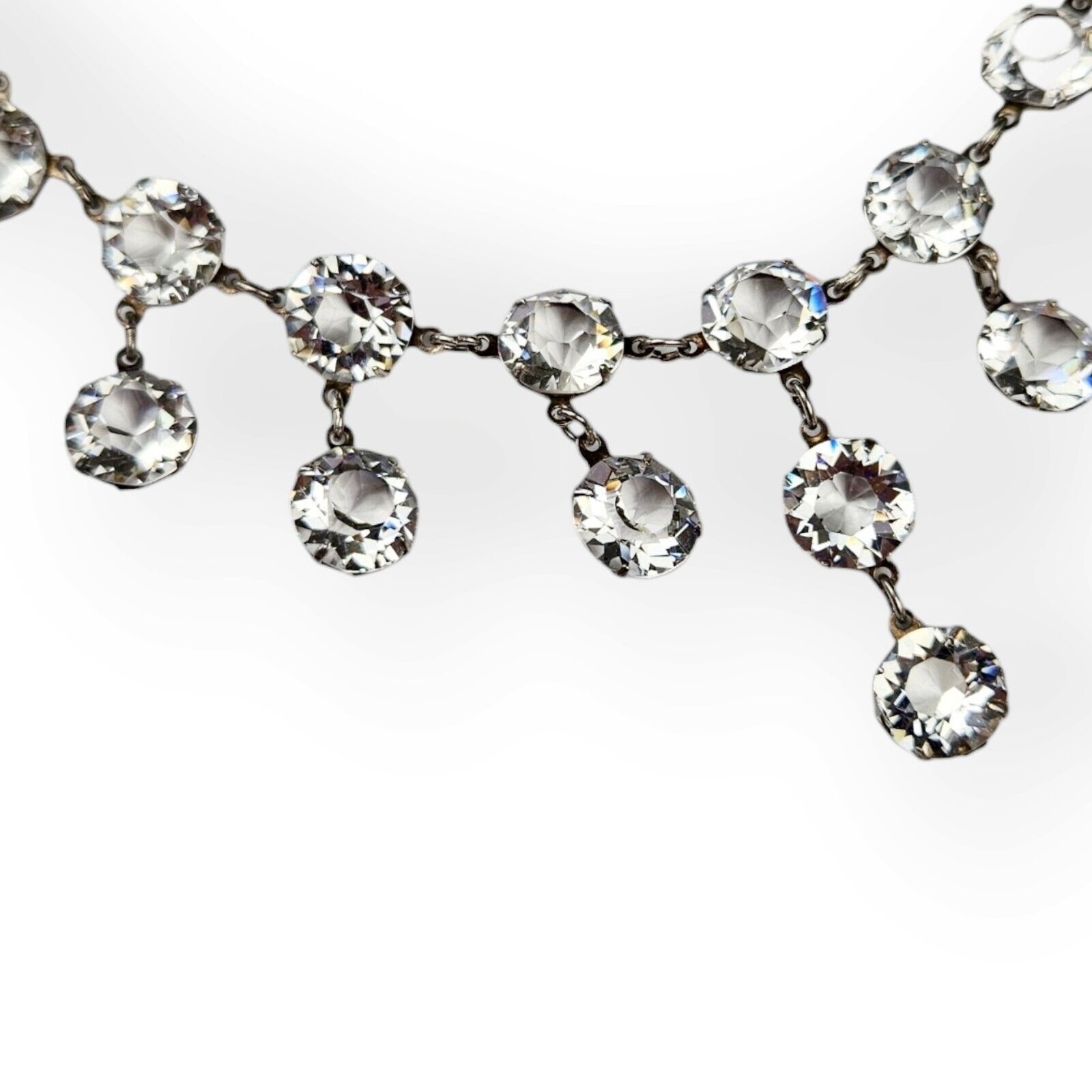 Antique Art Deco Sterling Necklace Clear Crystal Drop Choker 1900s 925 Silver   